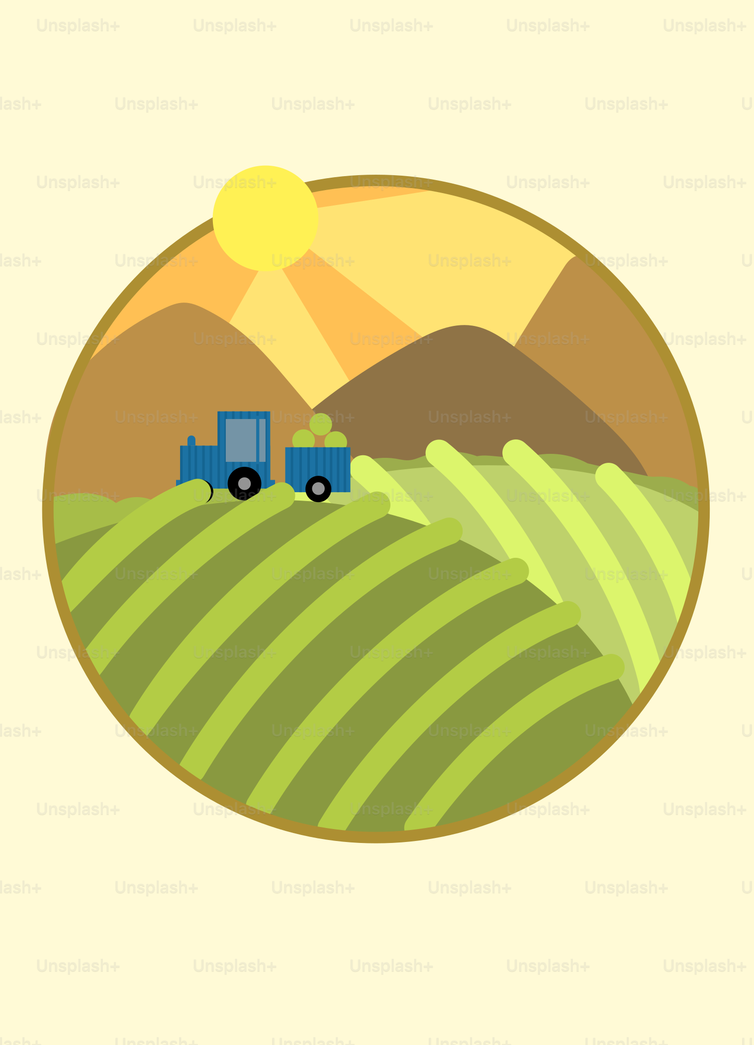 A blue truck driving across a lush green field