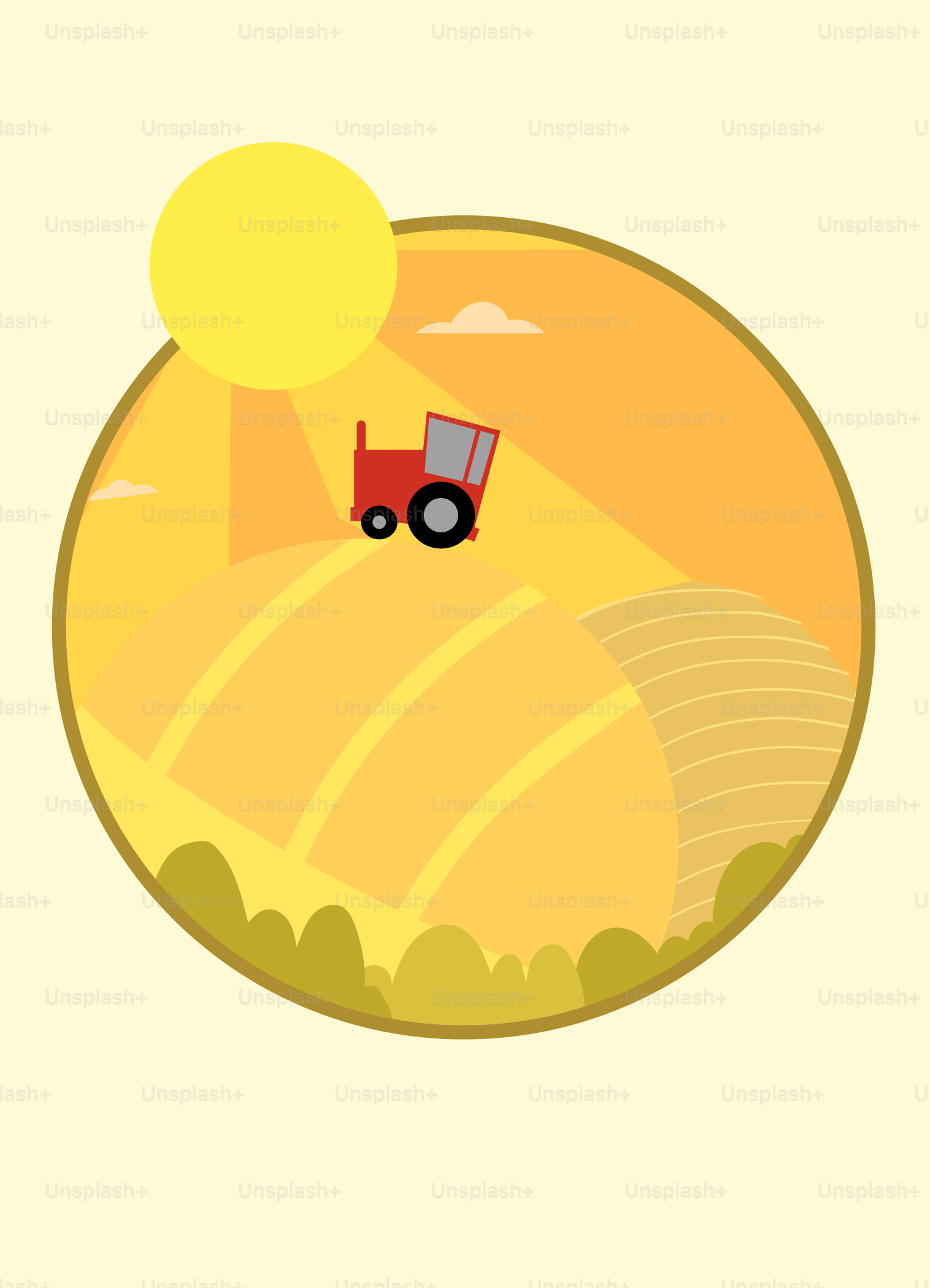 A farm scene with a tractor in the middle of it