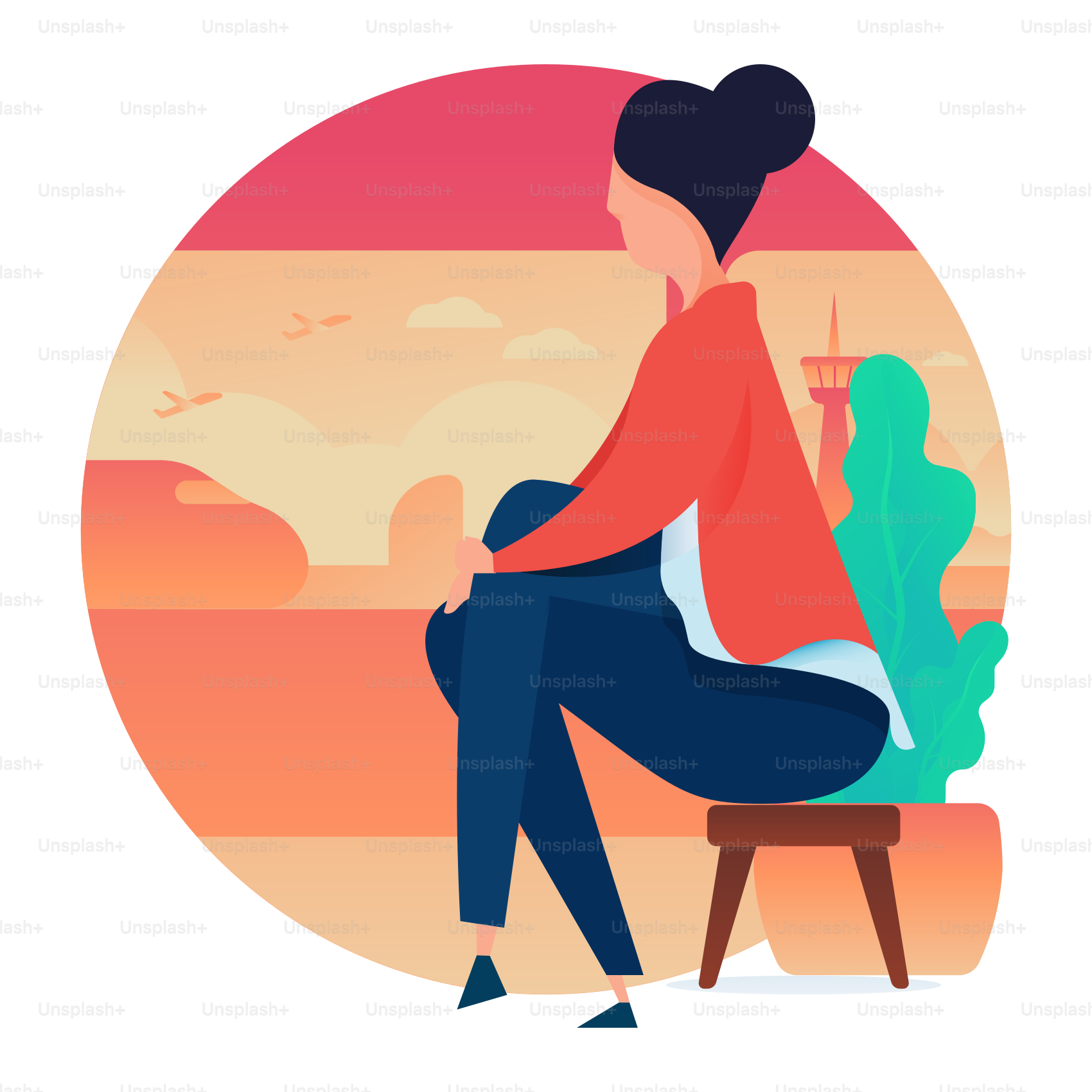 A woman sitting on a stool in front of a sunset