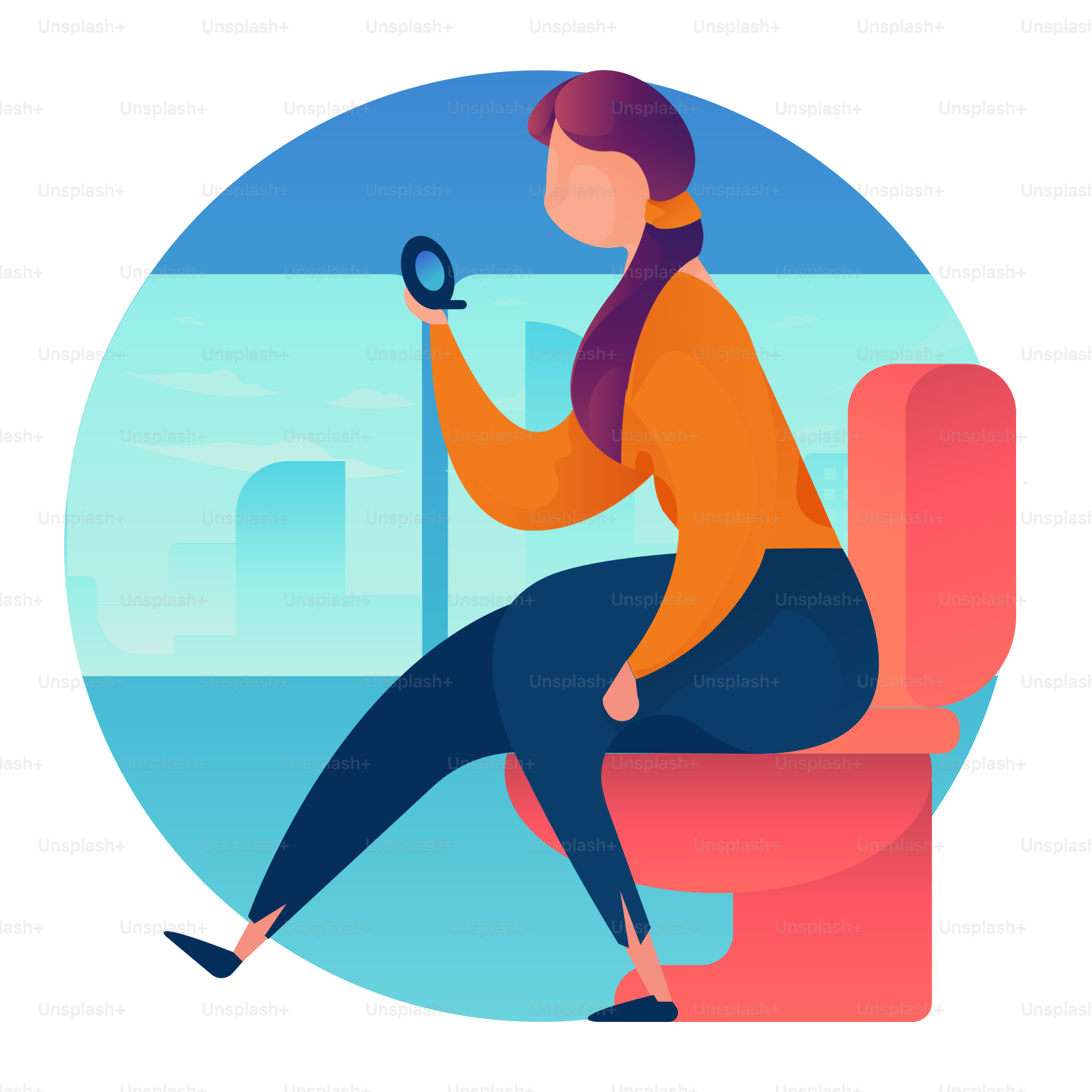 A woman sitting on a toilet with a magnifying glass