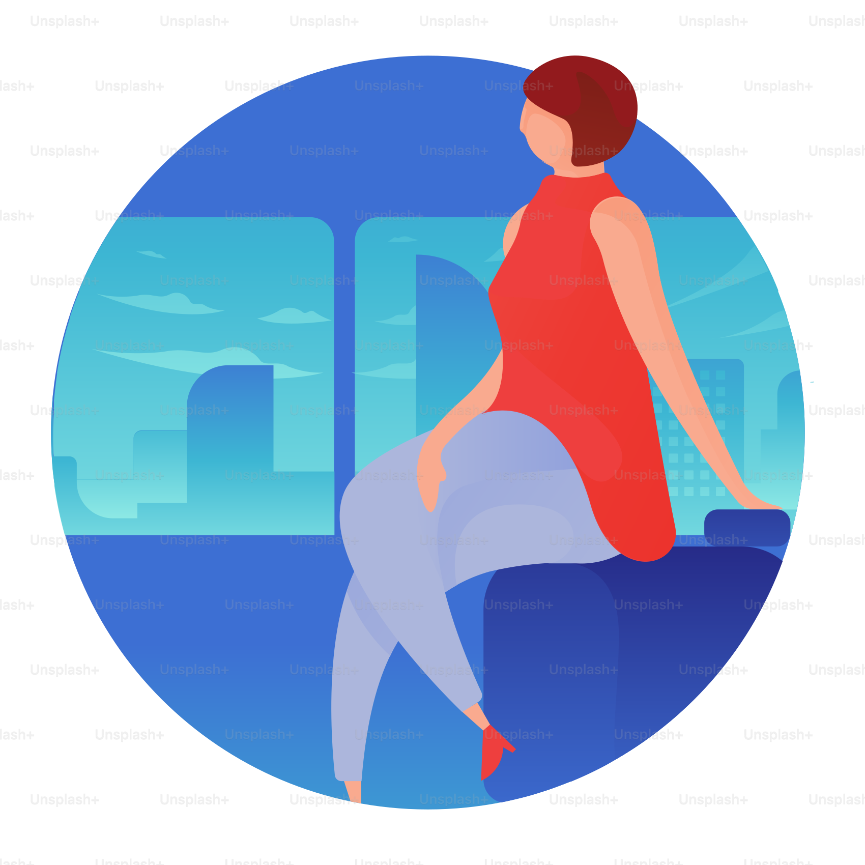 A woman in a red top is sitting on a bench