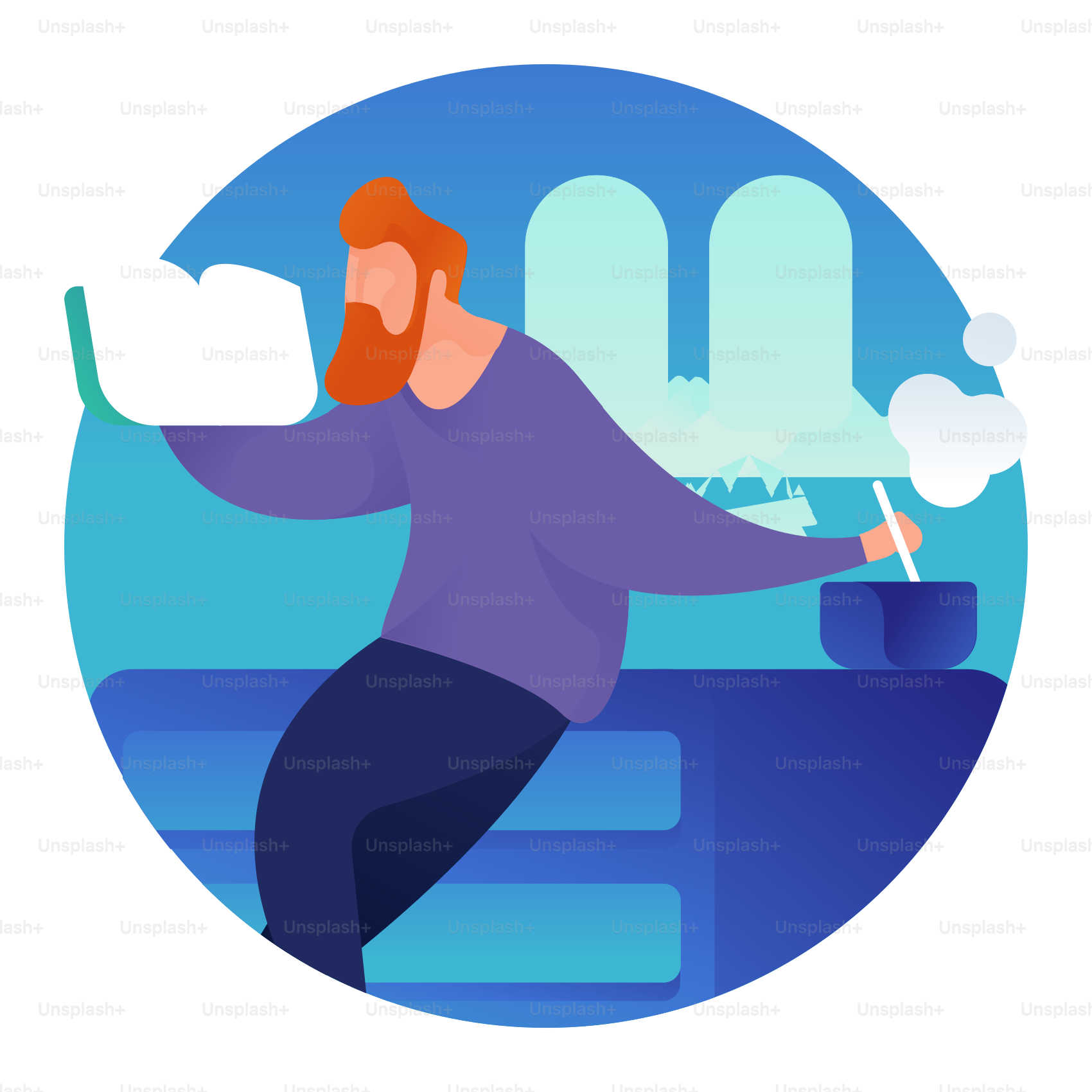 Ein Mann mit roten Haaren und Bart steht vor einem blauen Kreis