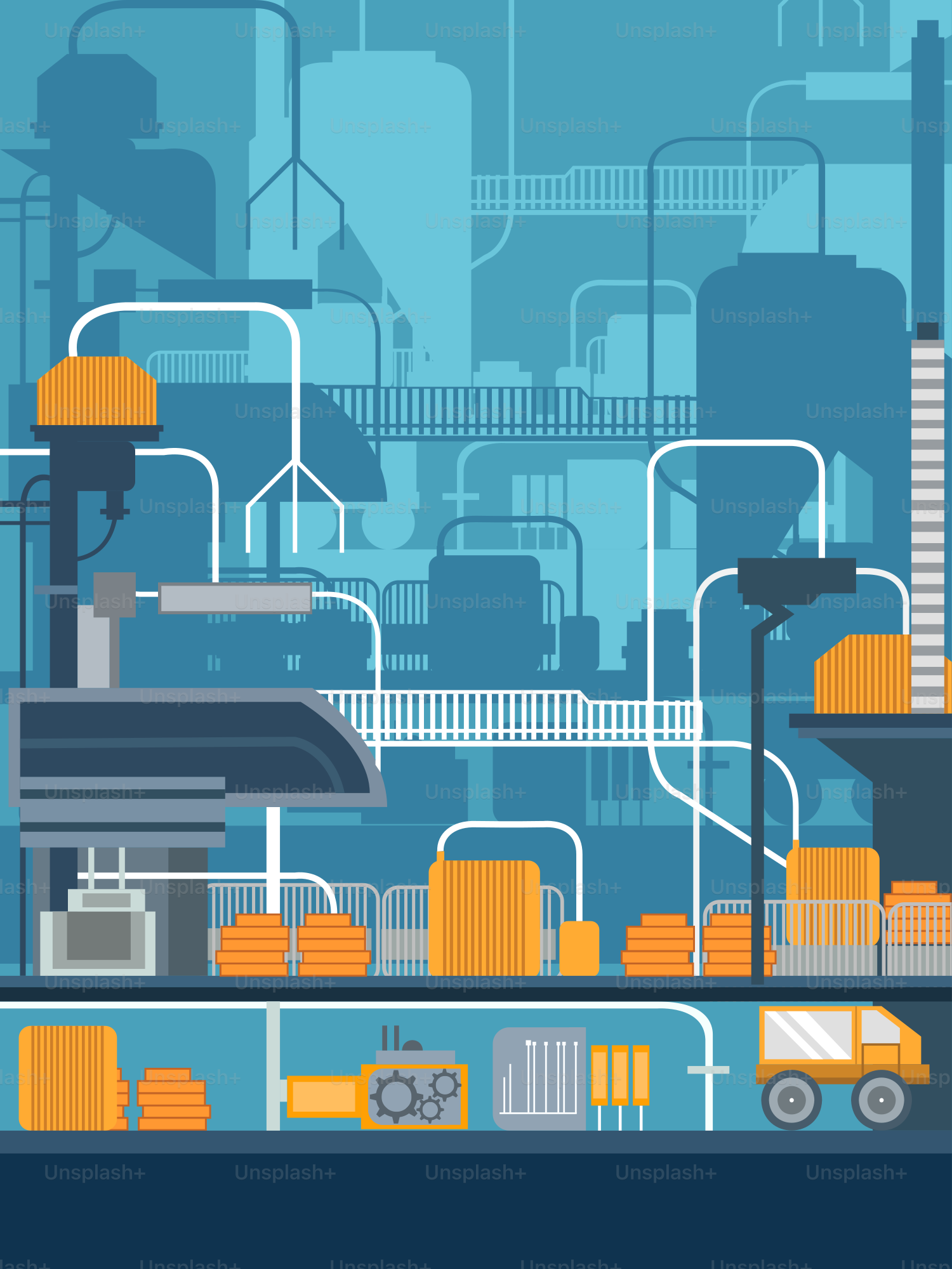 たくさんの箱やトラックでいっぱいの工場