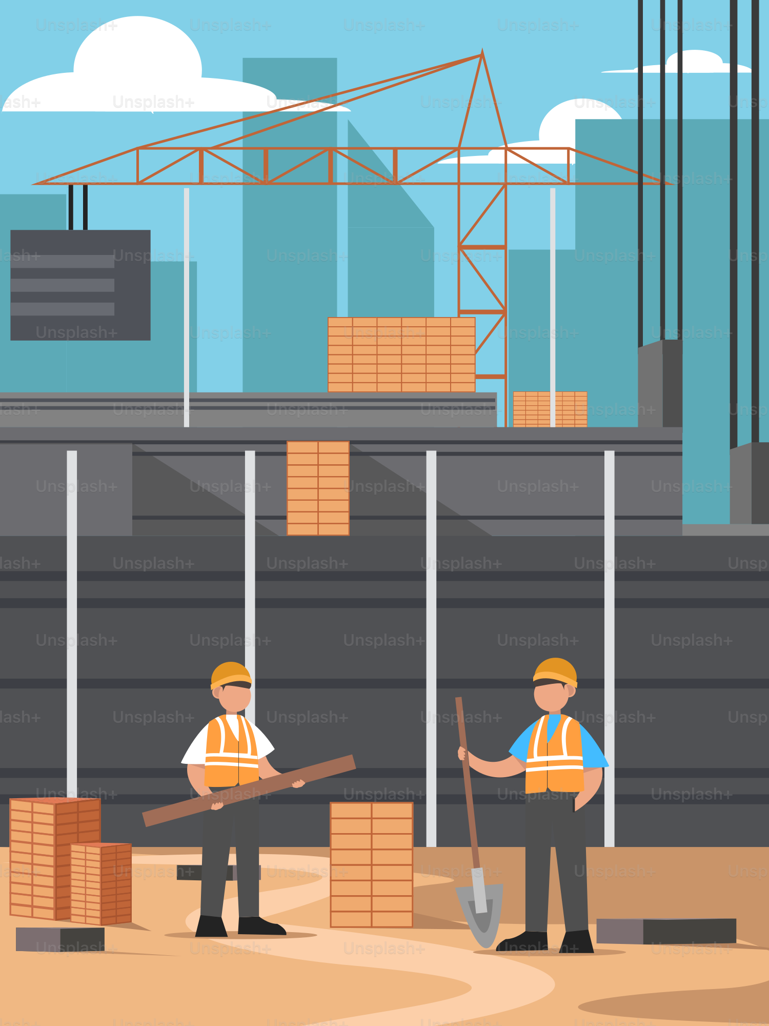 Two men are working in a construction site