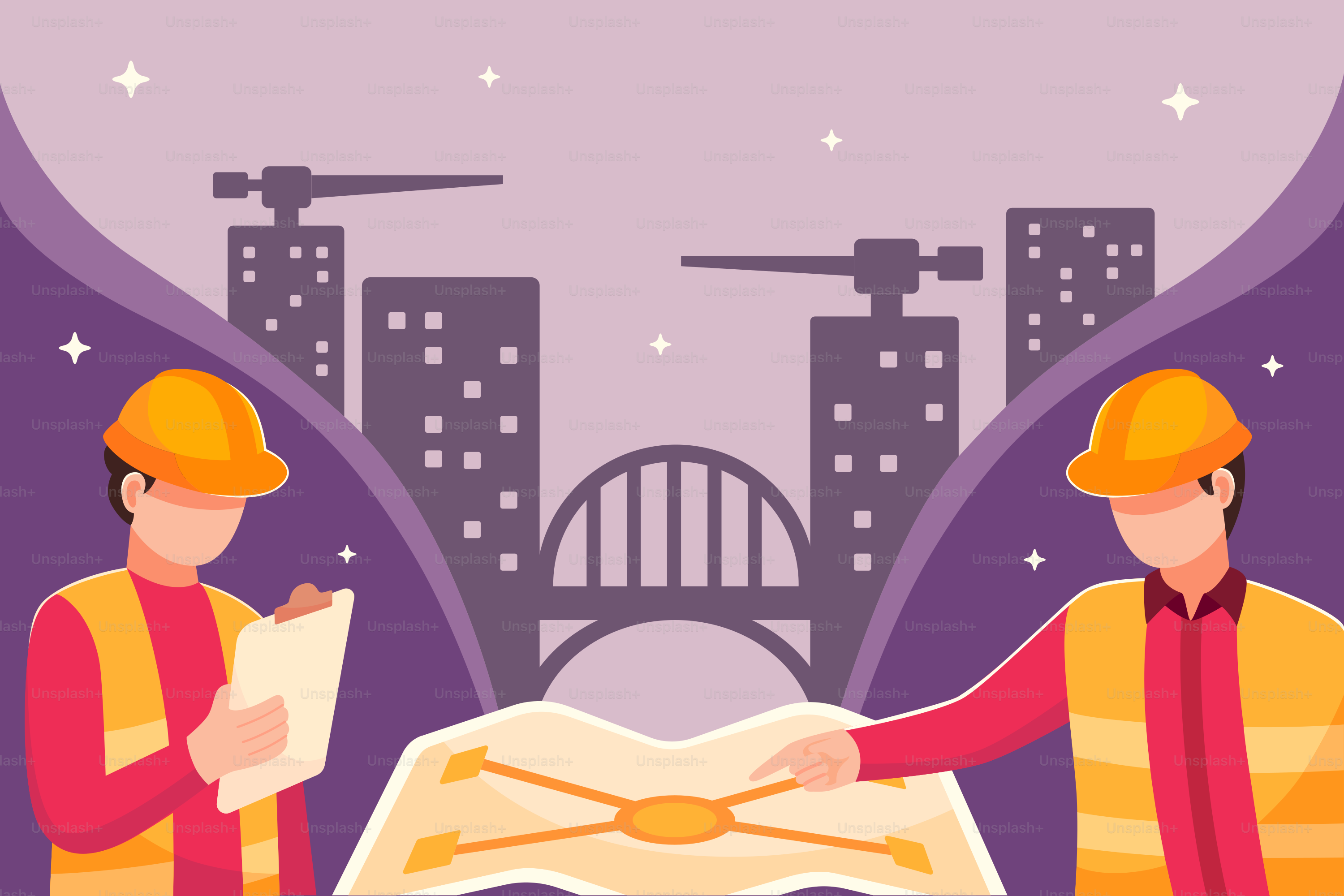 ヘルメットをかぶった二人の男が紙切れを持っている