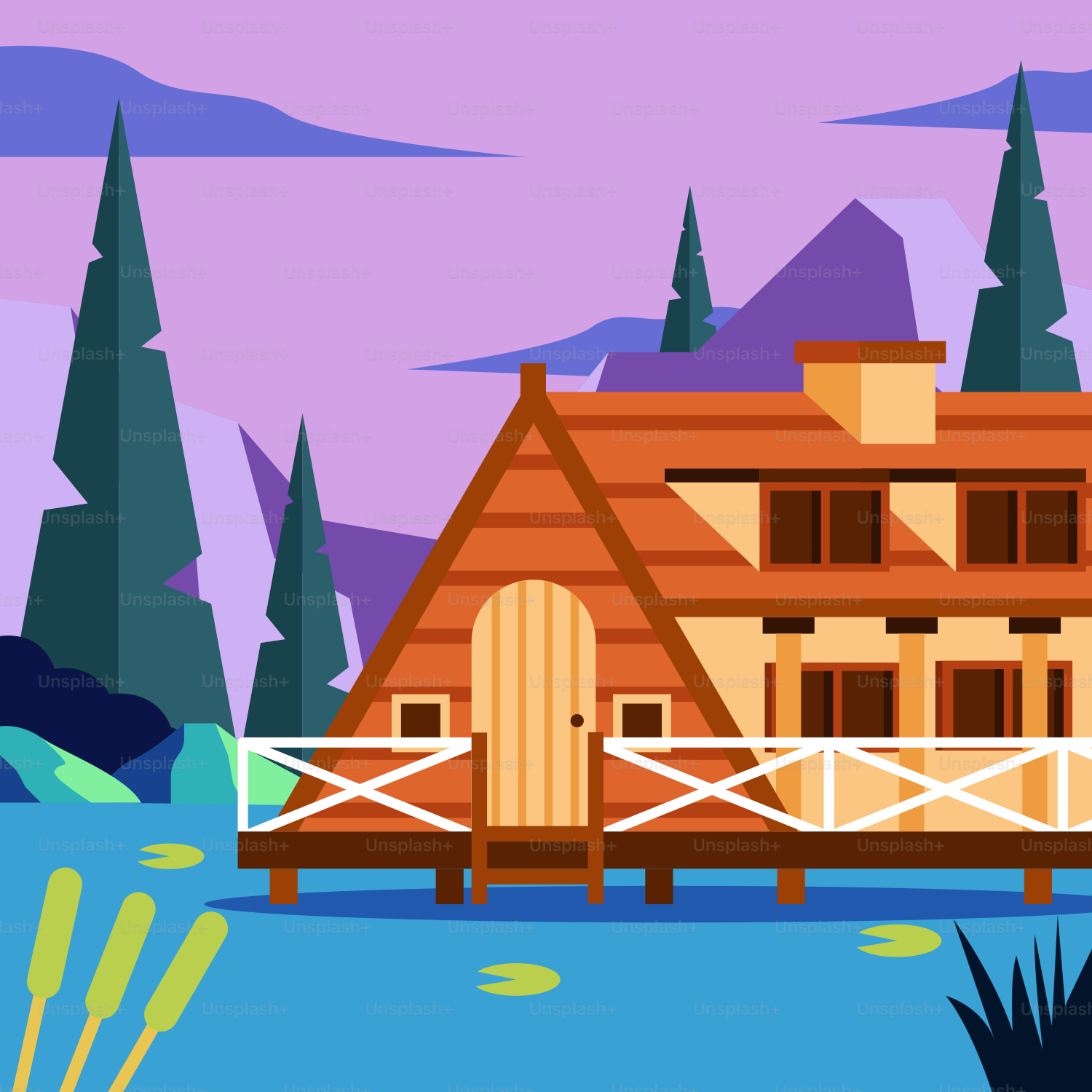 Ein Haus mitten in einem See, umgeben von Bäumen