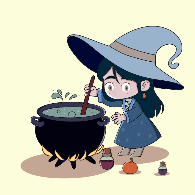 A little girl dressed in a witches costume stirring a cauldster