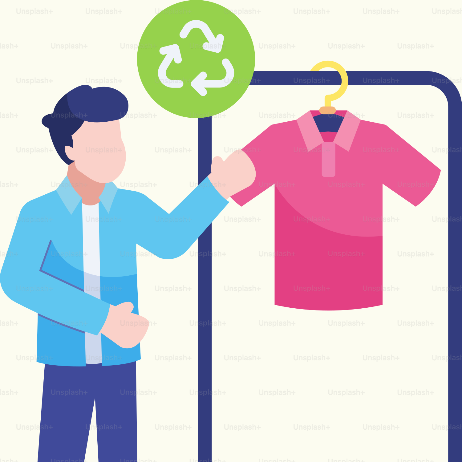 A man holding a t - shirt in front of a hanger with a green