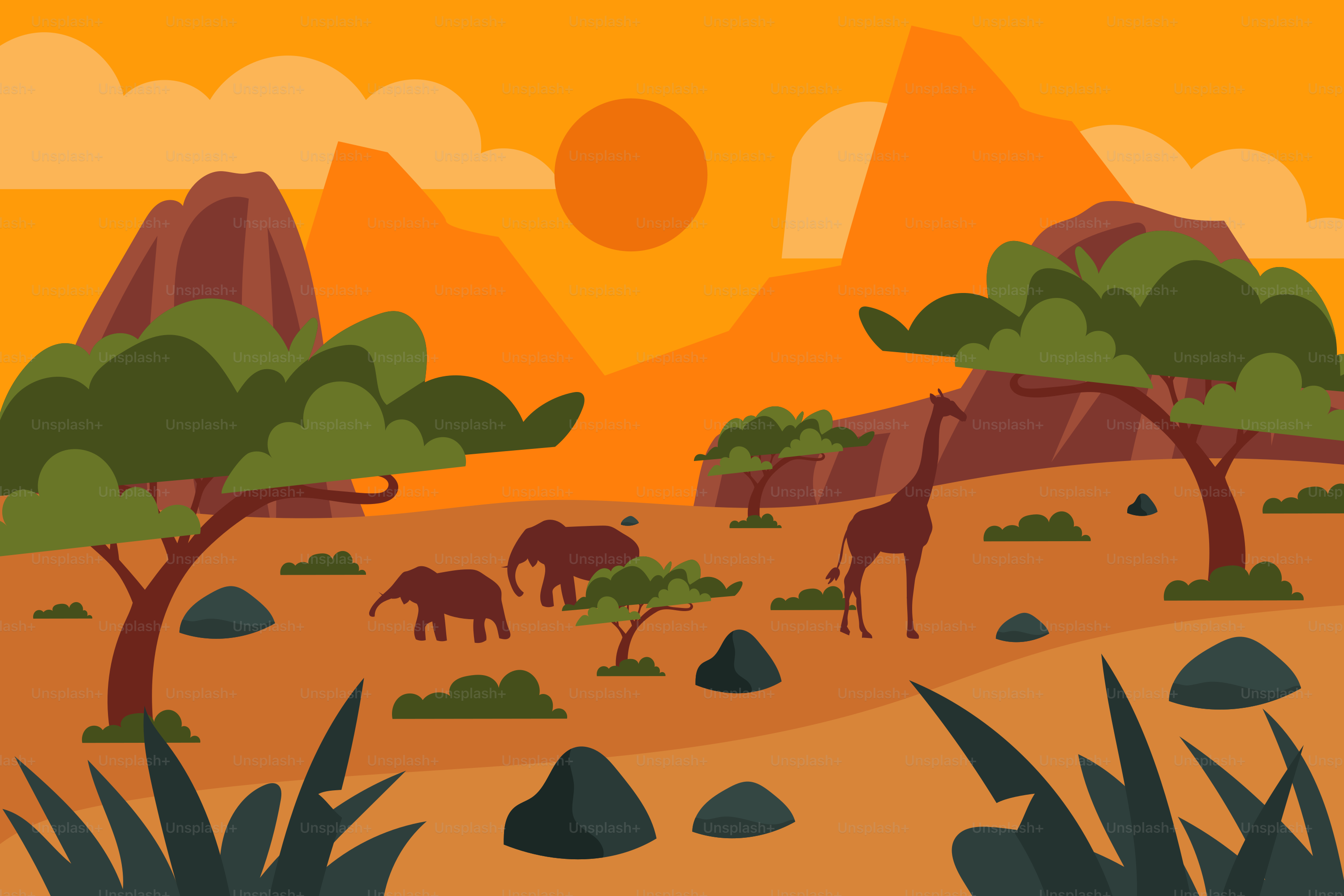 Une scène de dessin animé d’un désert avec des girafes et des arbres