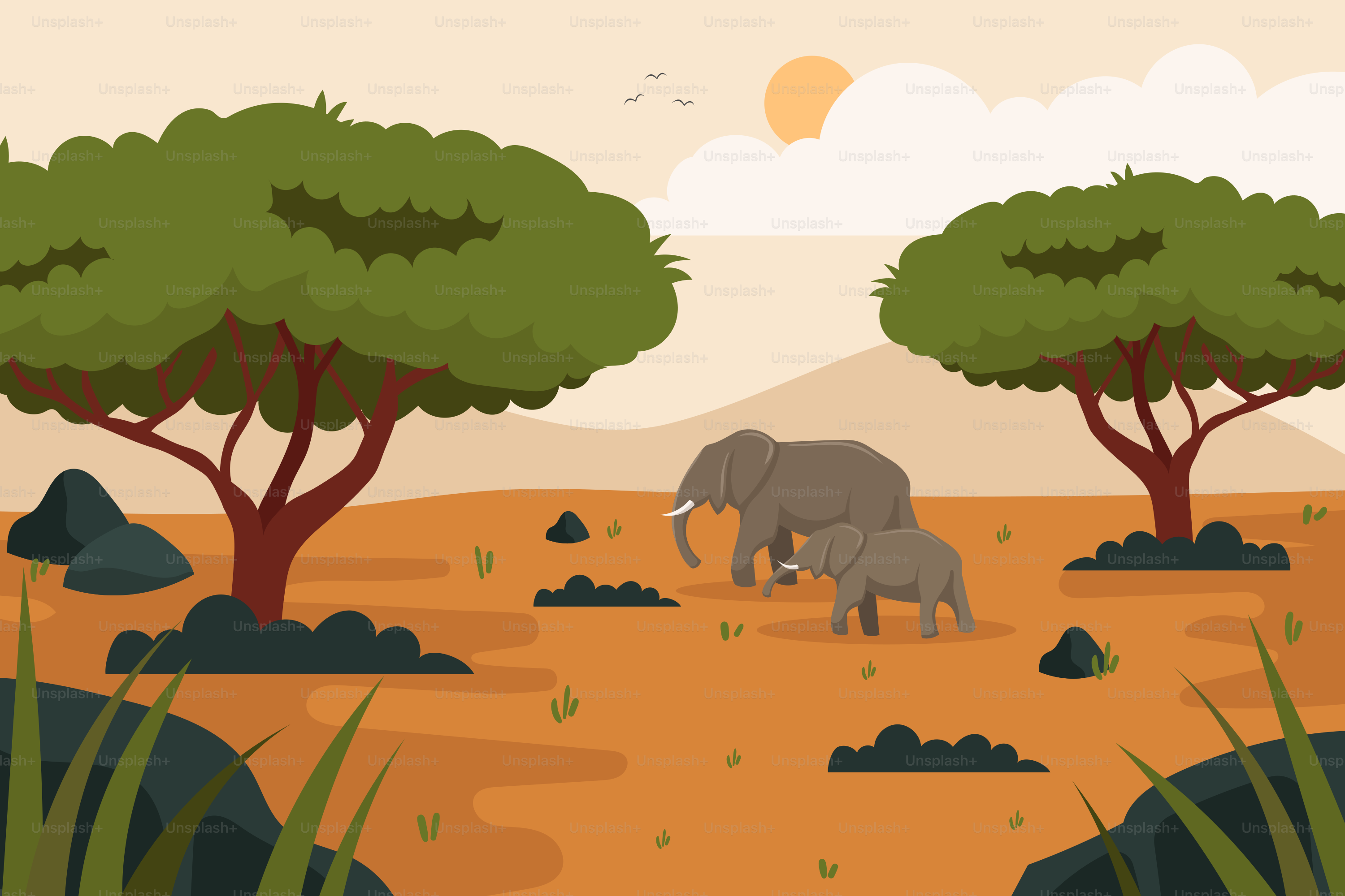 An elephant is walking through a field with trees