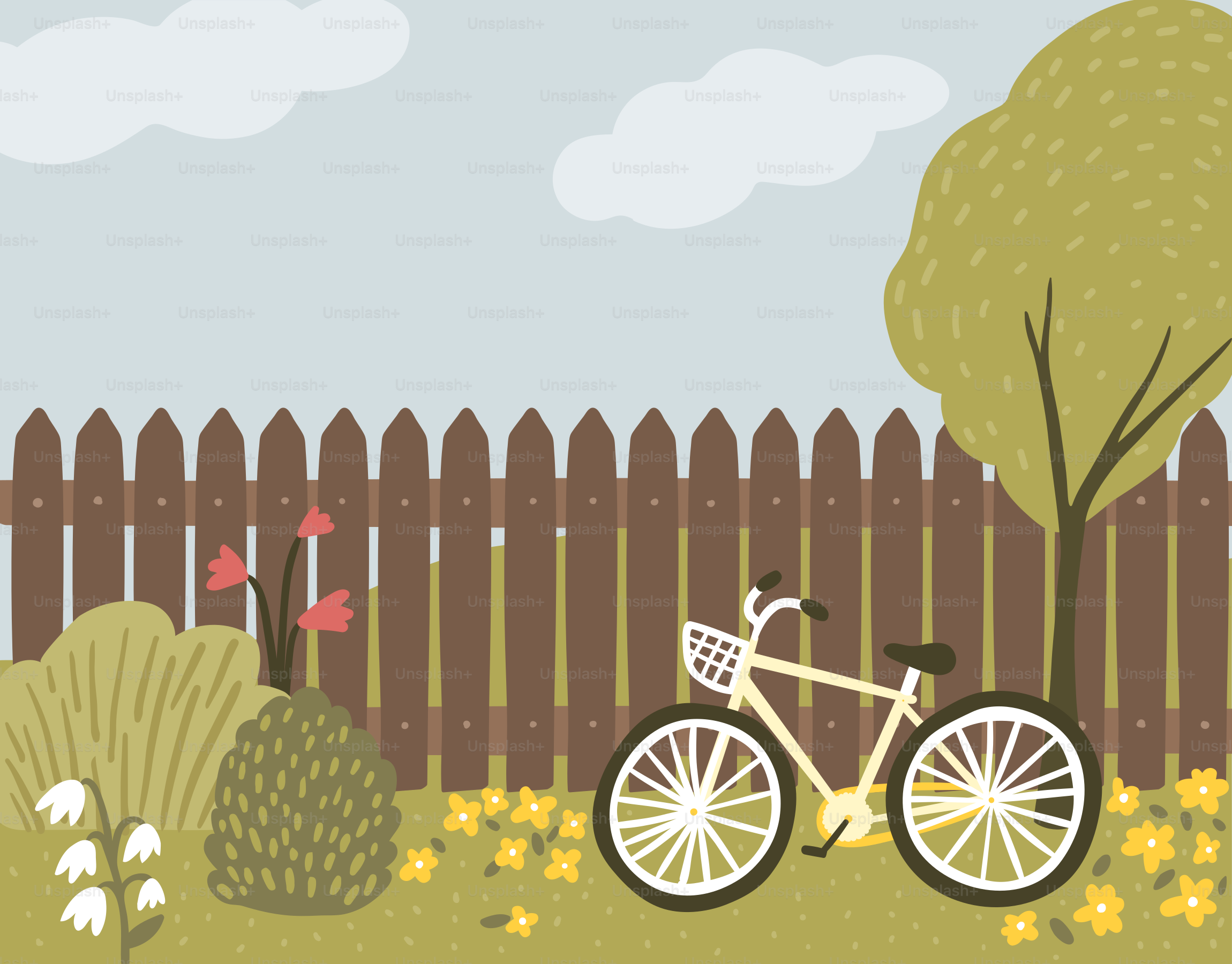 Ein Fahrrad steht im Gras nahe einem Zaun