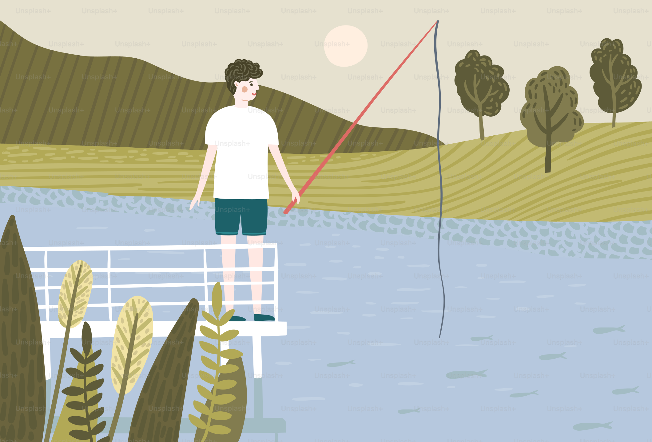 A man standing on a bridge holding a fishing rod