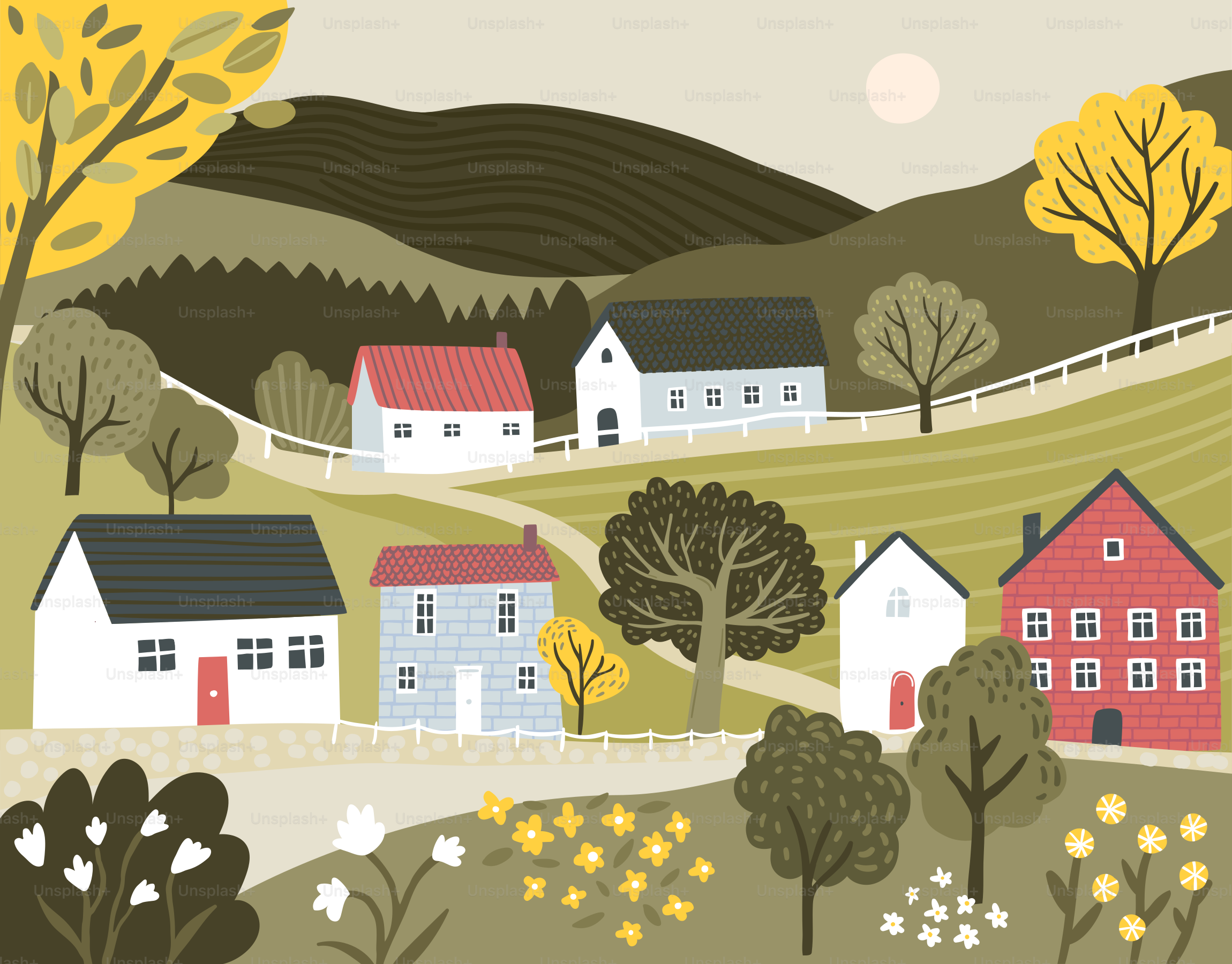 Une peinture d’un paysage rural avec des maisons et des arbres