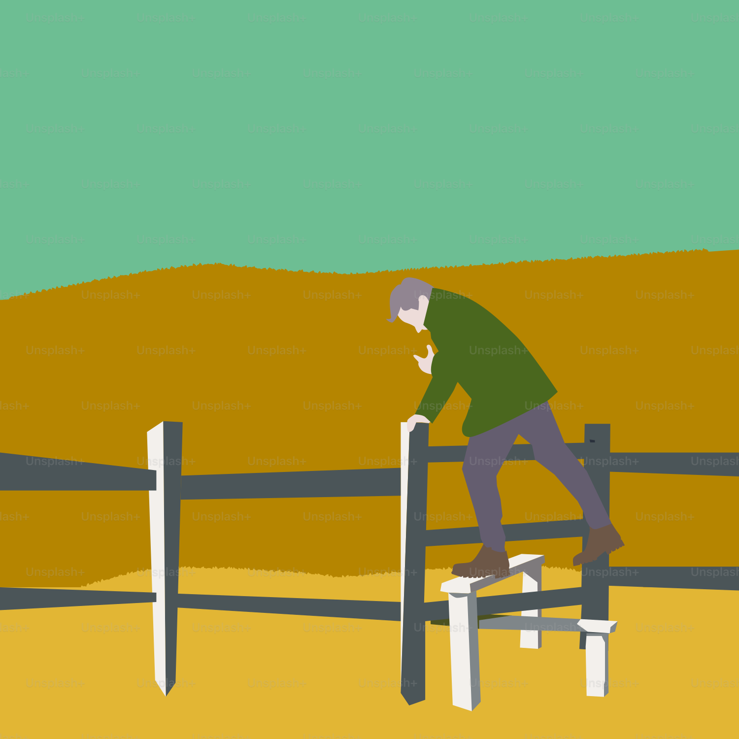 A man standing on top of a wooden fence