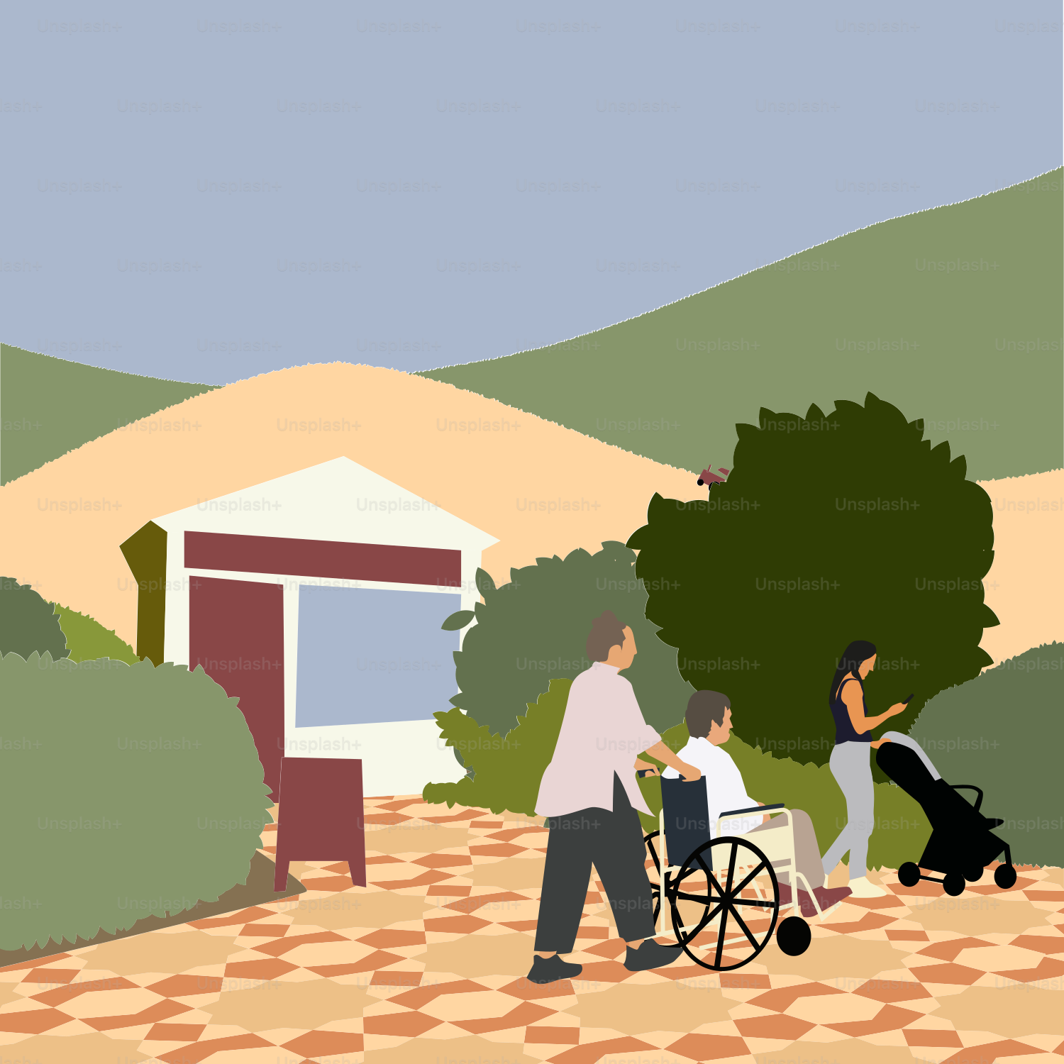 A man in a wheel chair being pushed by a woman in a wheel chair