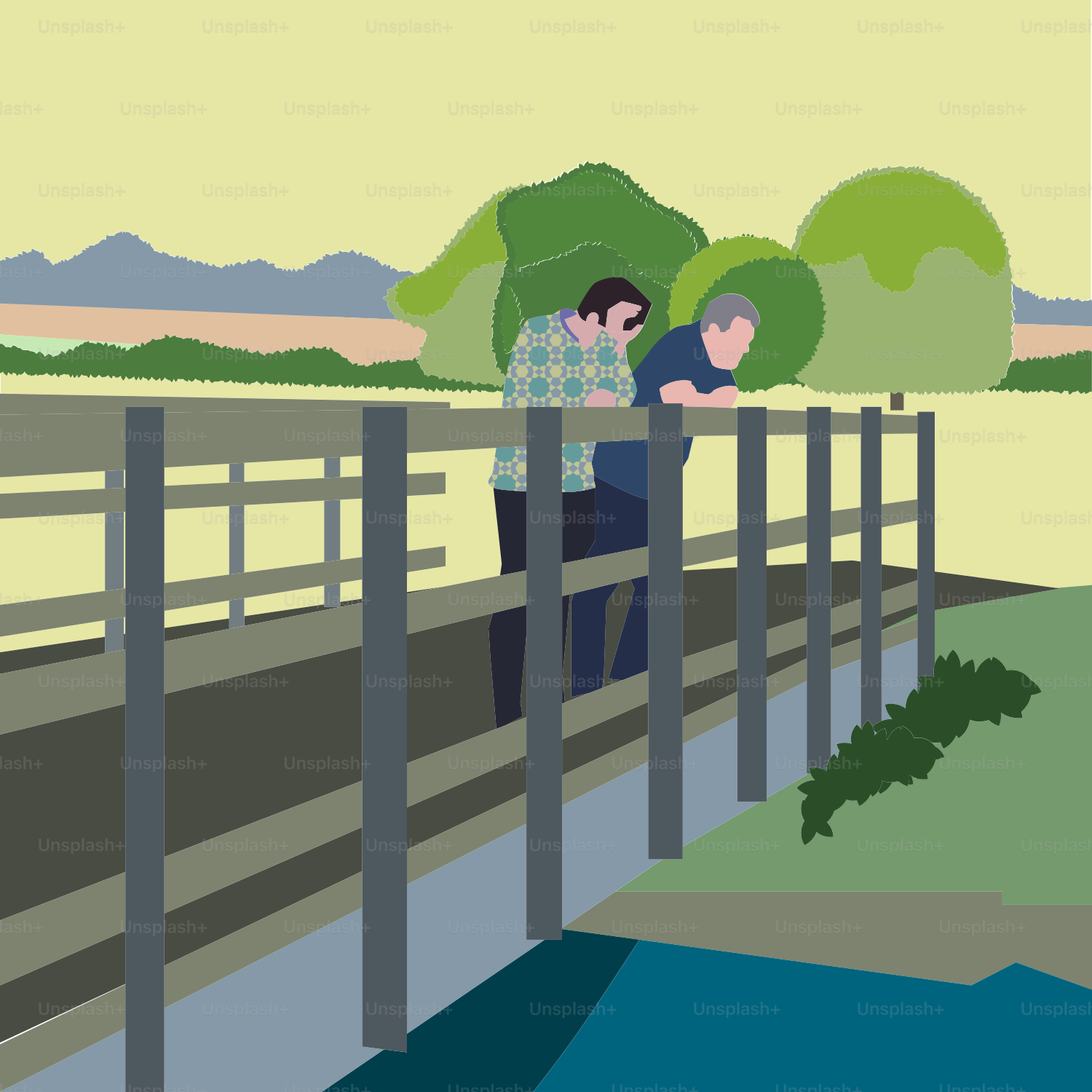 Two people standing on a bridge over a body of water
