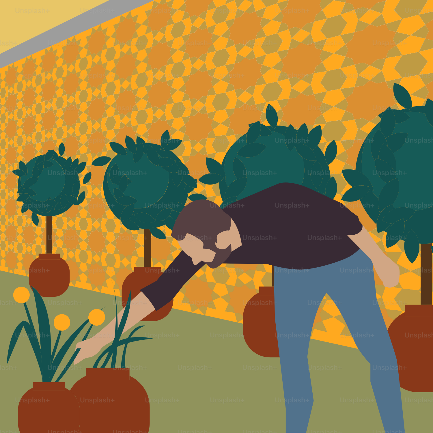 A man standing in front of a wall with trees