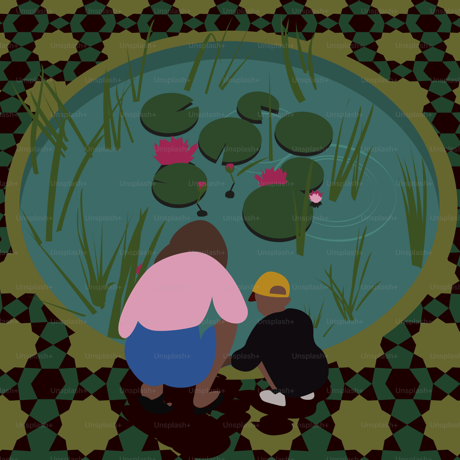 A couple of people standing in front of a pond