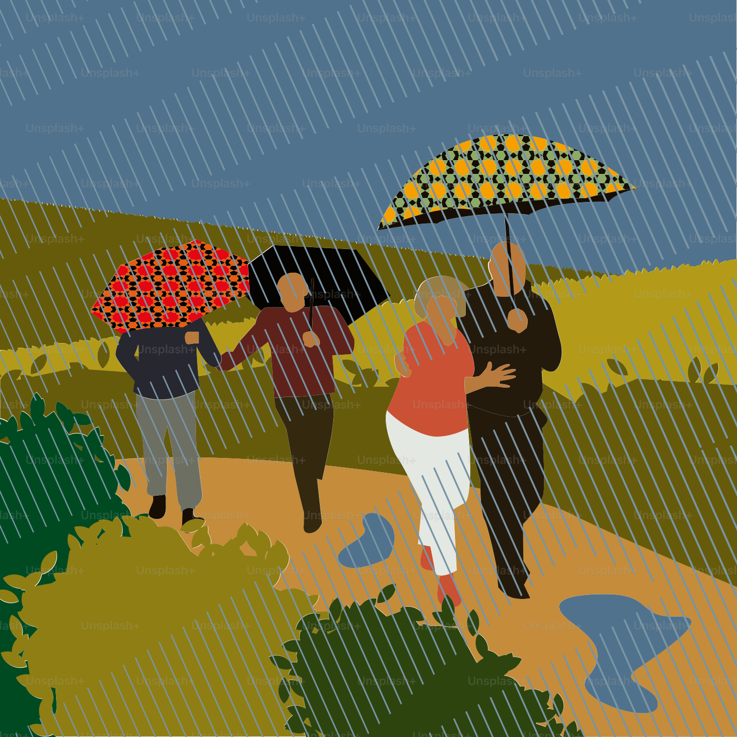 雨の中を傘をさして歩く人々のグループ