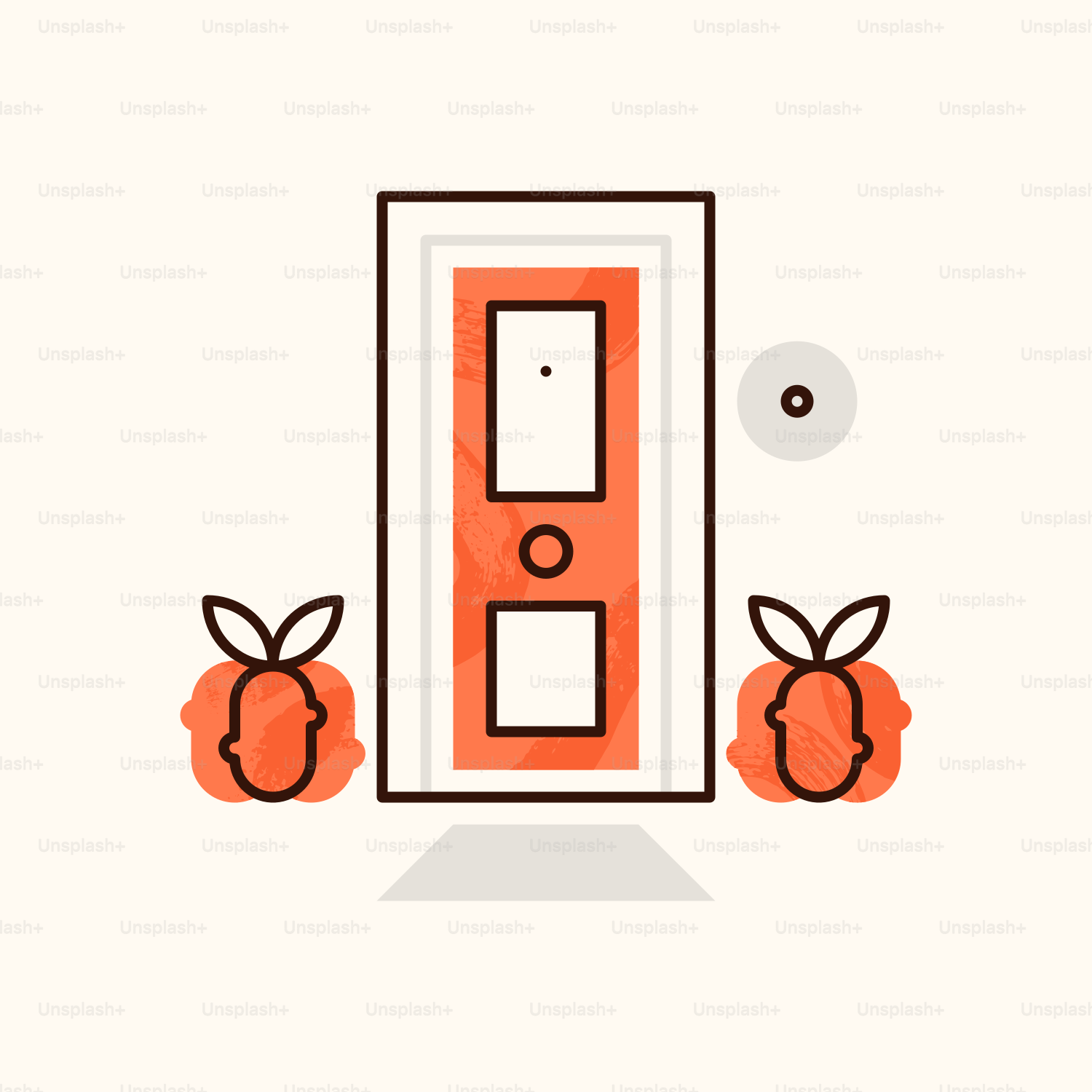 An orange door with two apples sitting in front of it