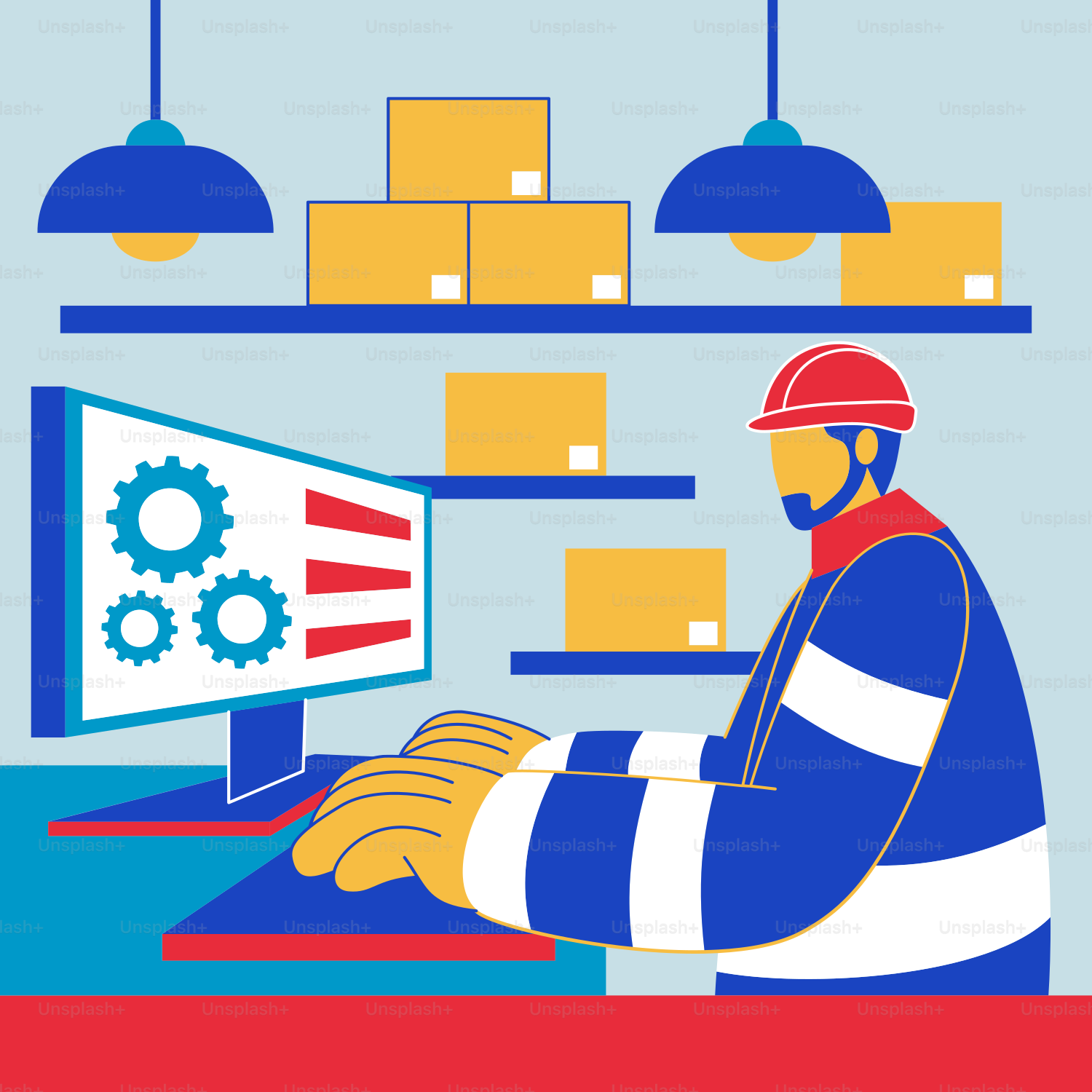 A man working on a computer in a warehouse