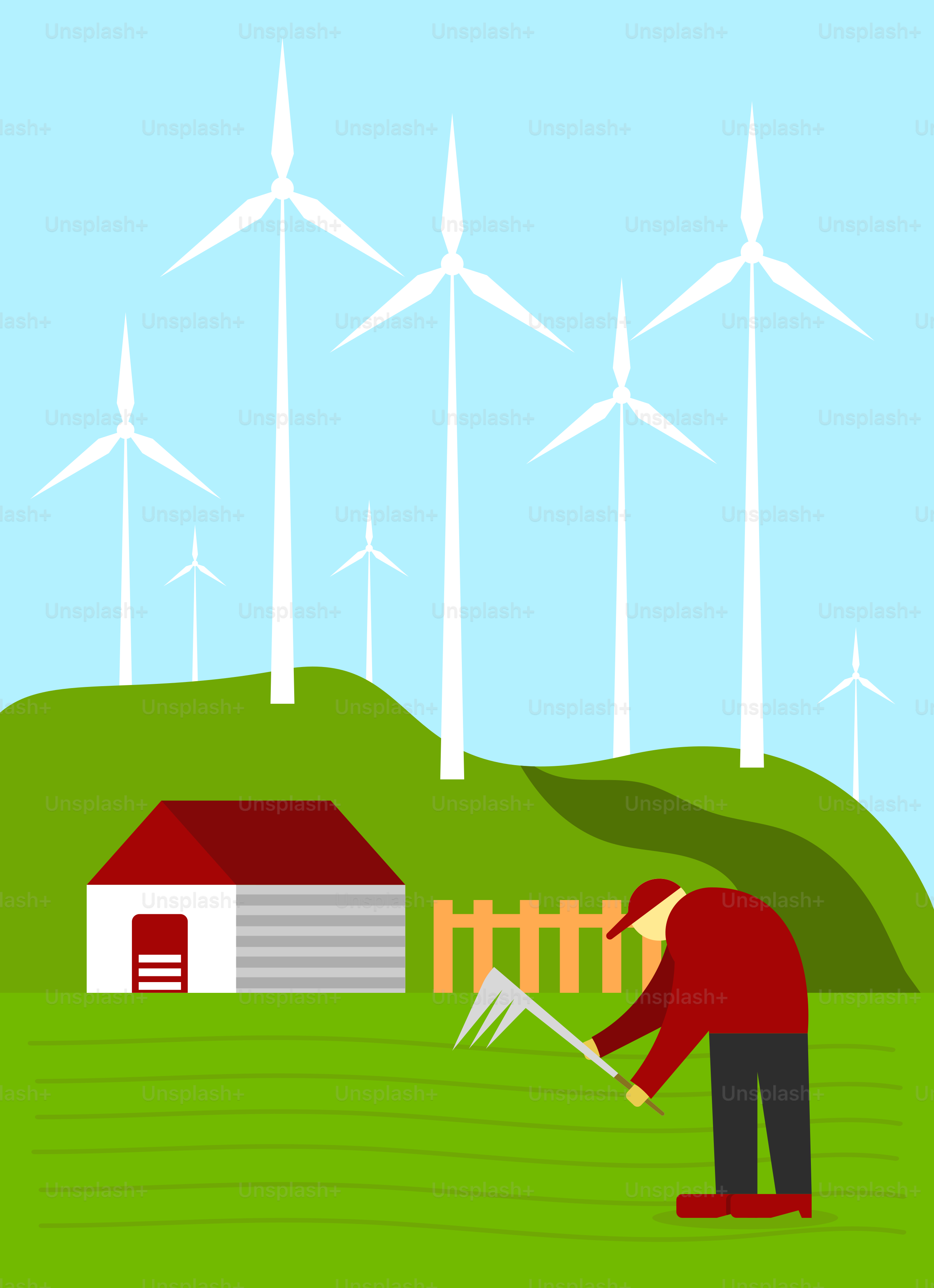 A man is working in a field with windmills in the background