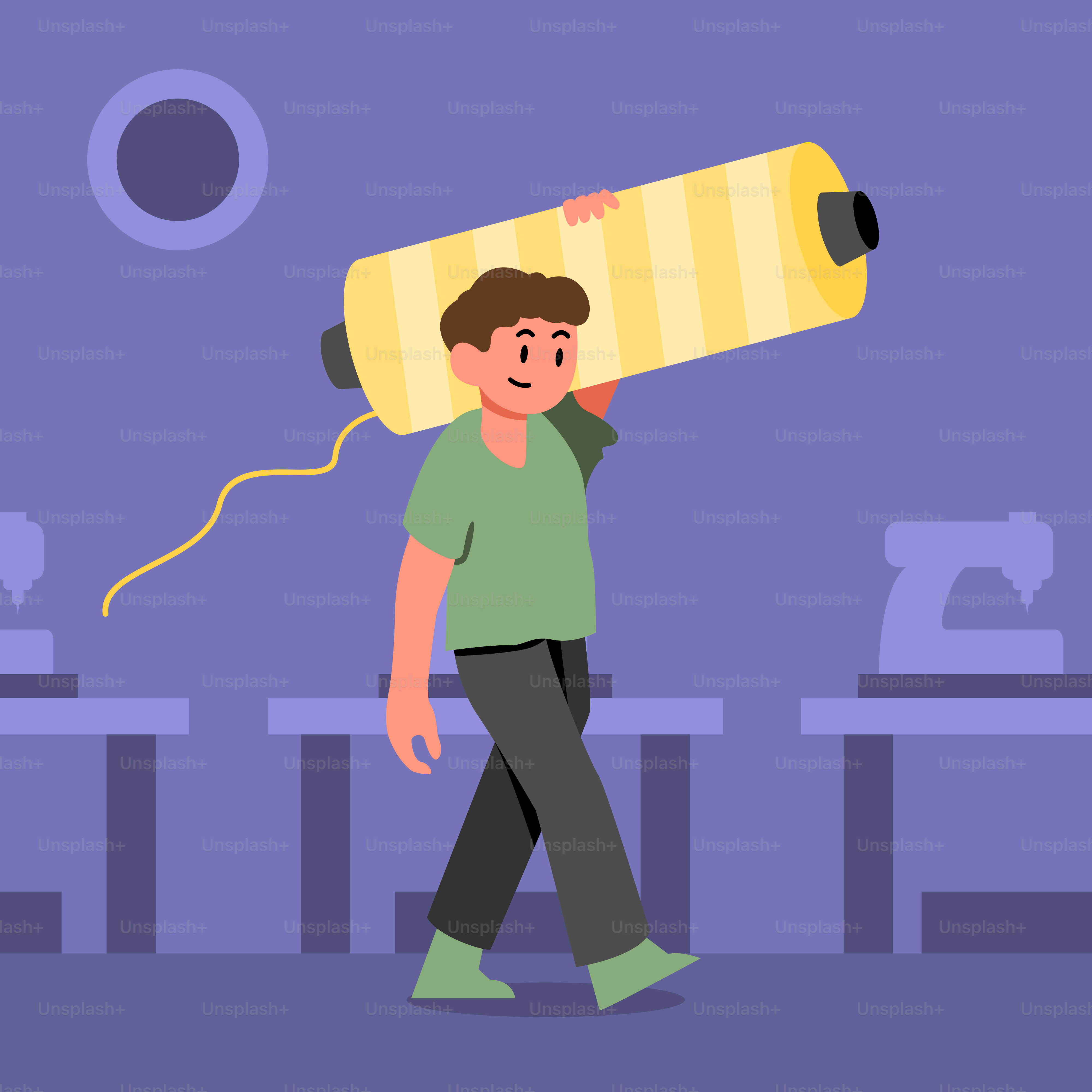A man carrying a large tube on his back