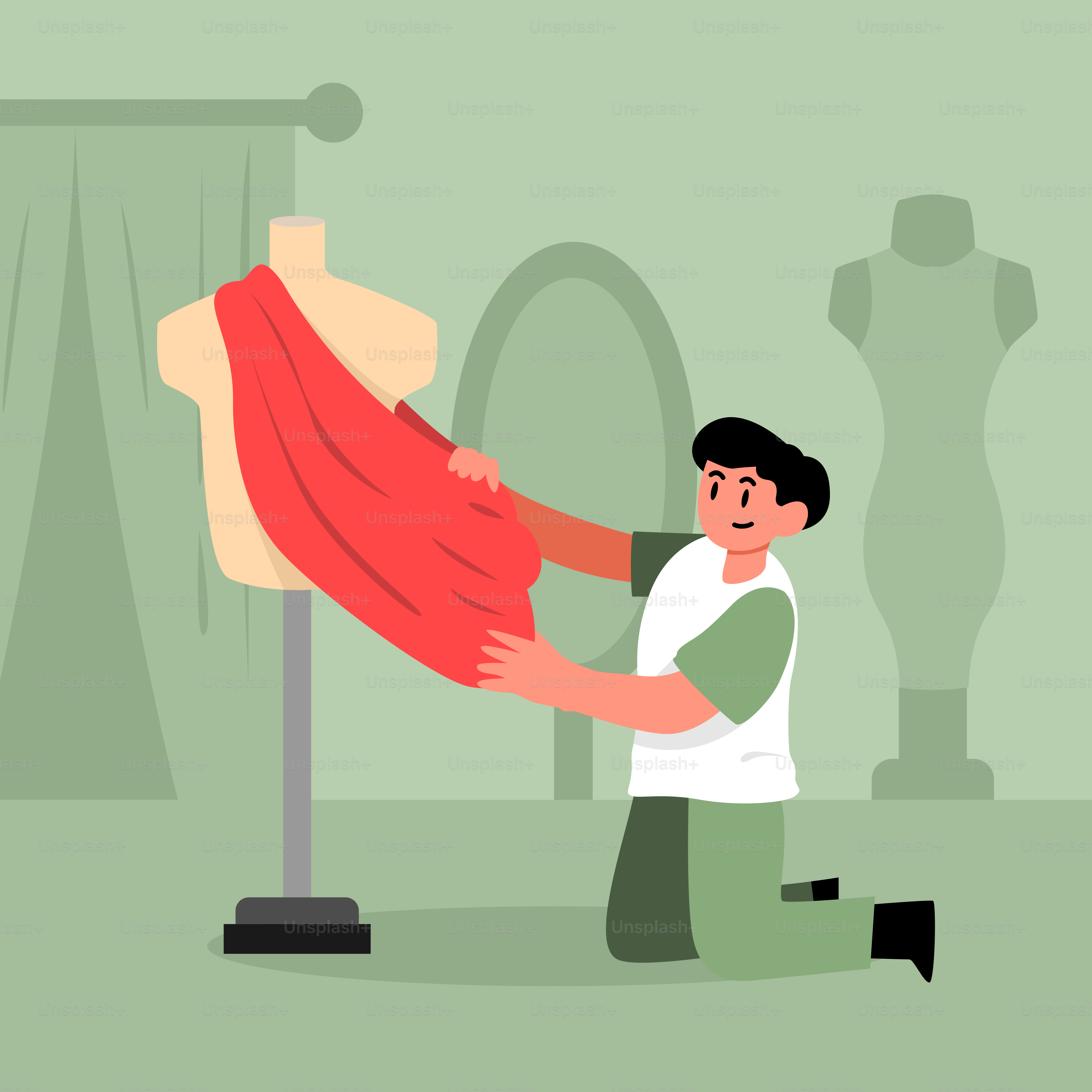 Un hombre está trabajando en un vestido de un maniquí