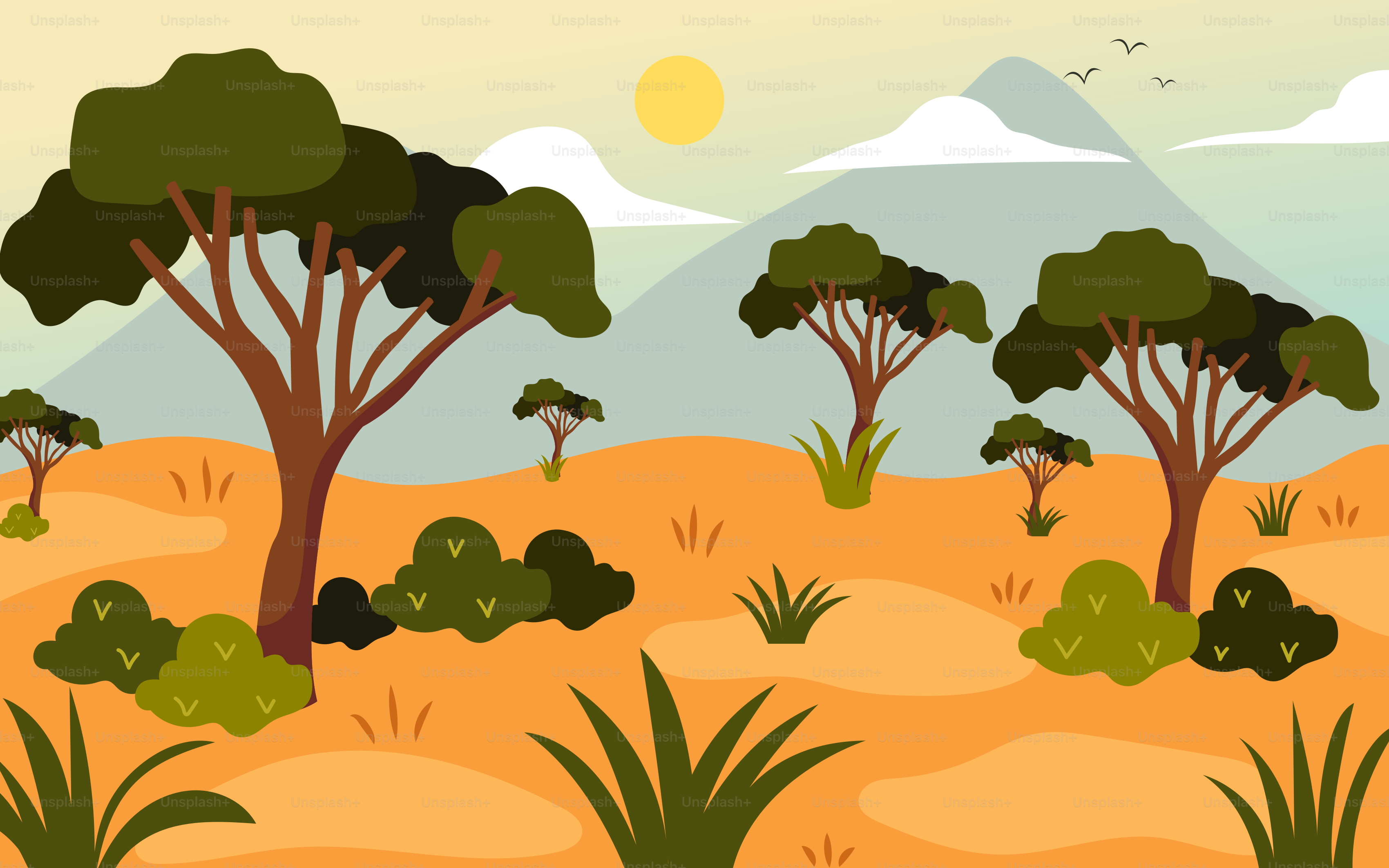 A desert scene with trees and bushes in the foreground