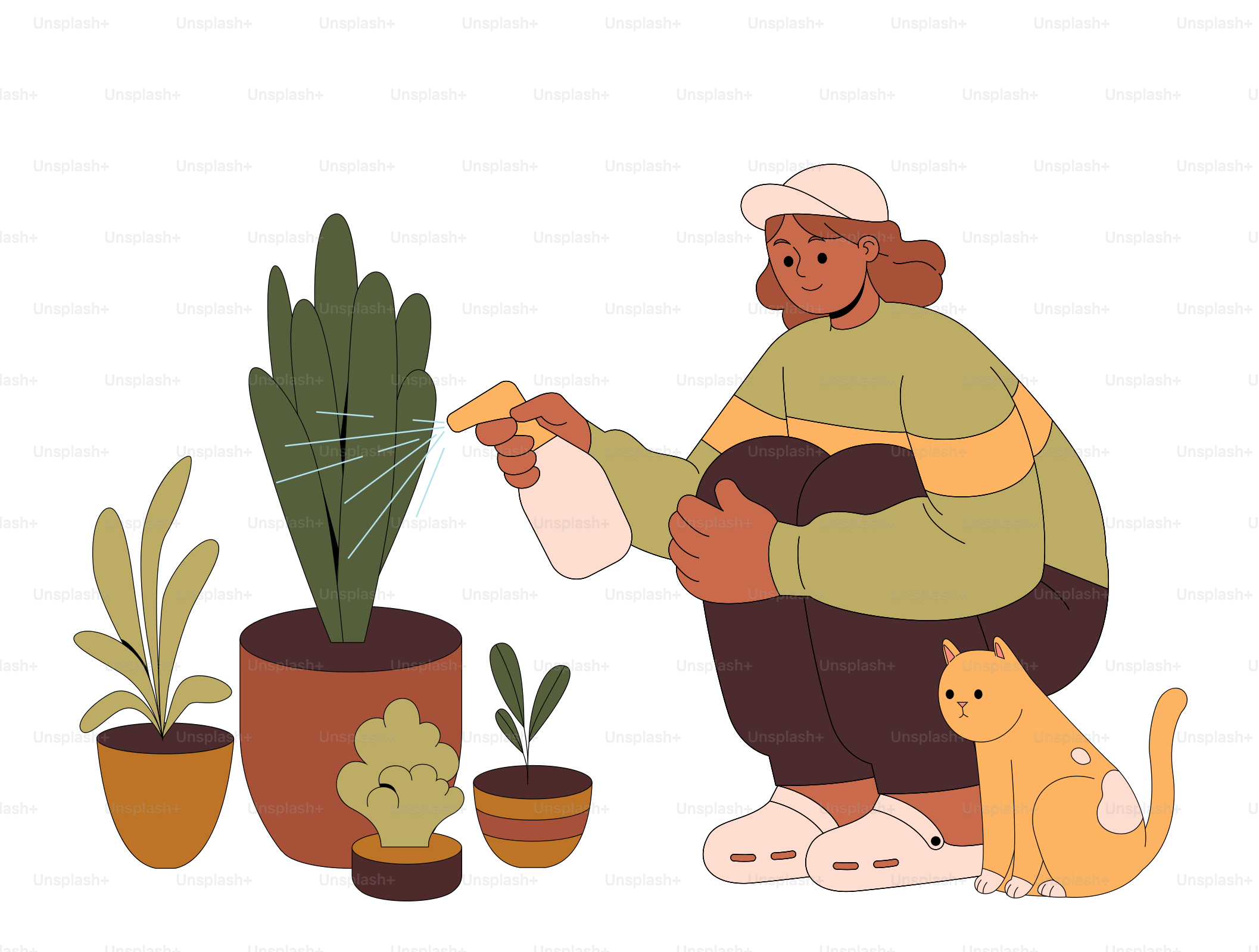 Ein Mann, der neben einer Topfpflanze und einer Katze sitzt