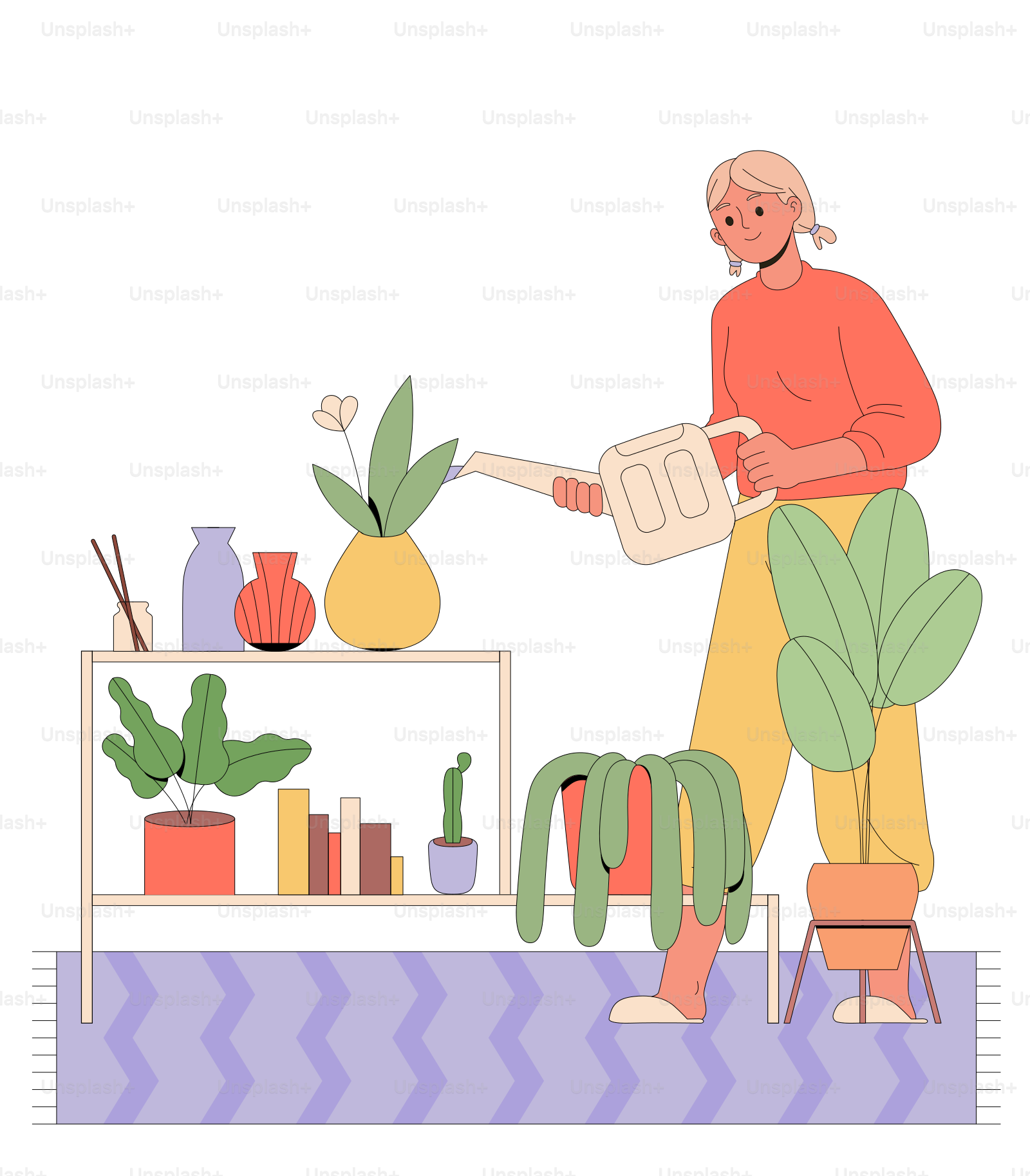 A woman is watering plants with a watering can