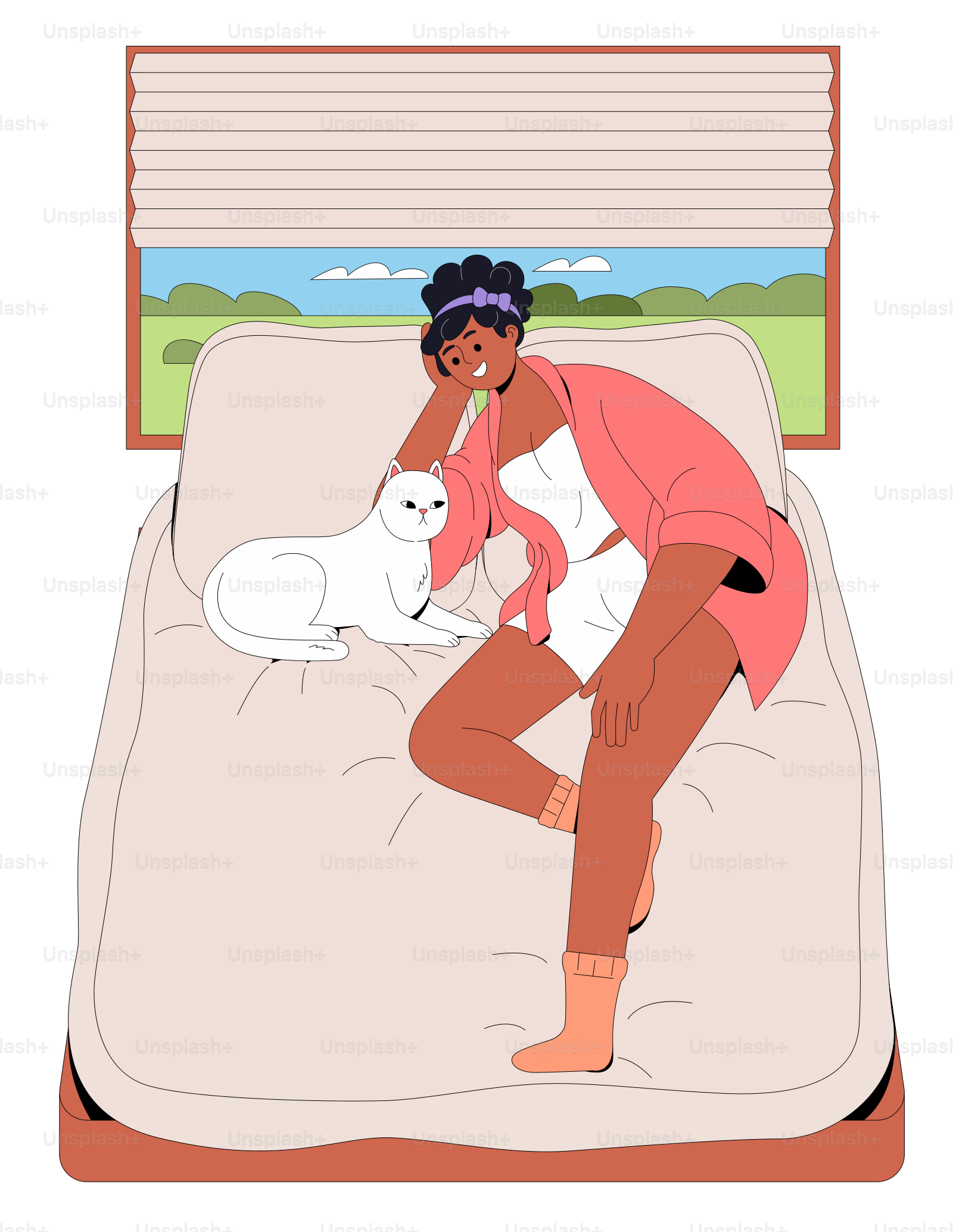A woman is sitting on a bed with a cat