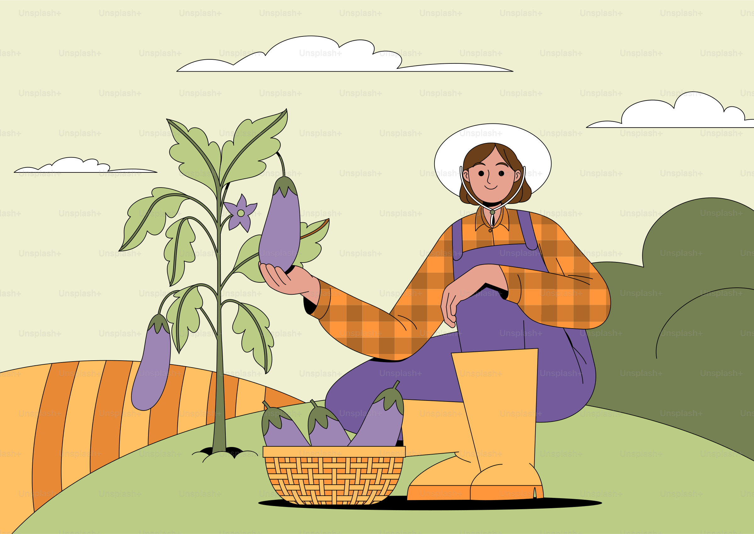 Eine Frau, die auf einem Hügel sitzt und eine Pflanze hält