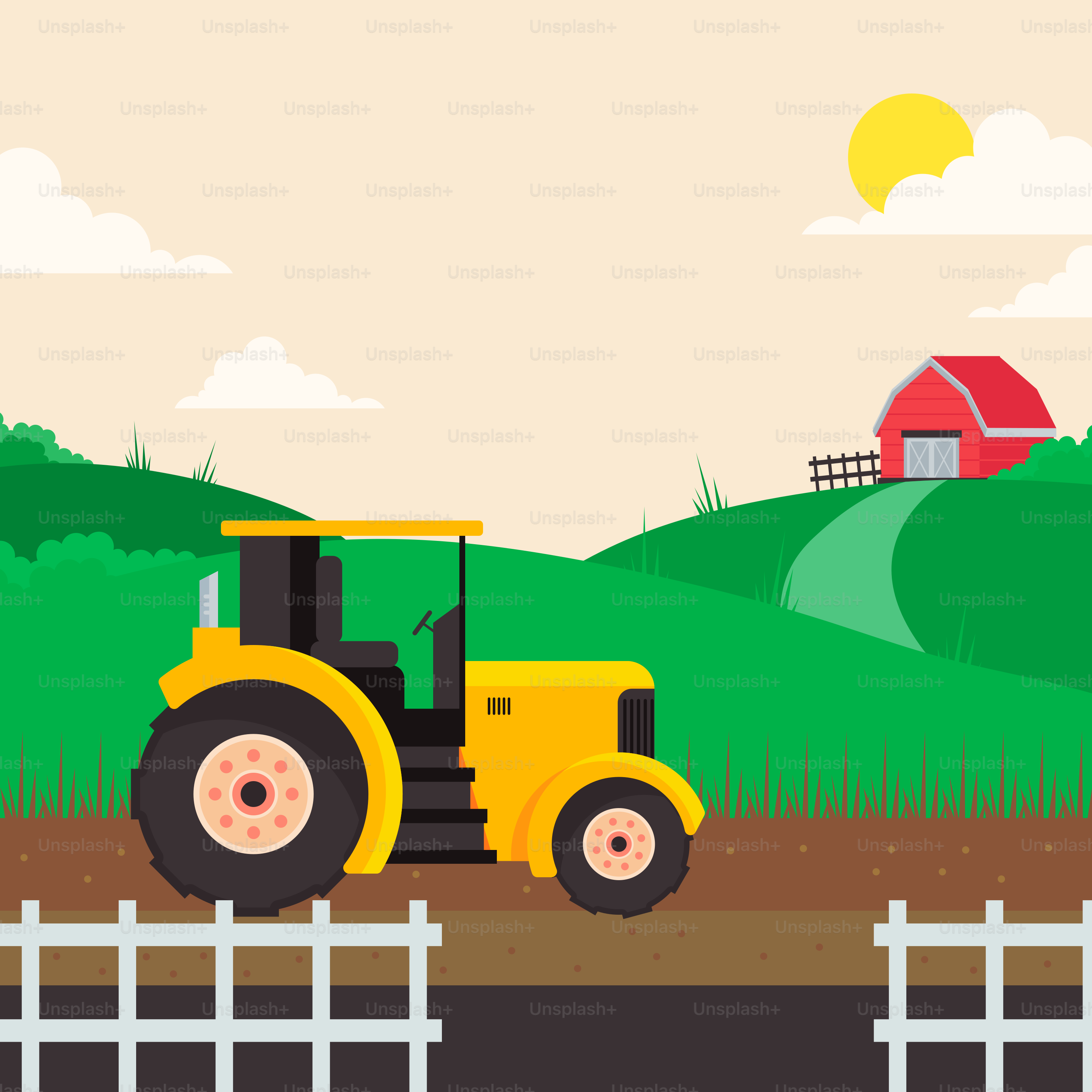 A farm scene with a tractor on the road