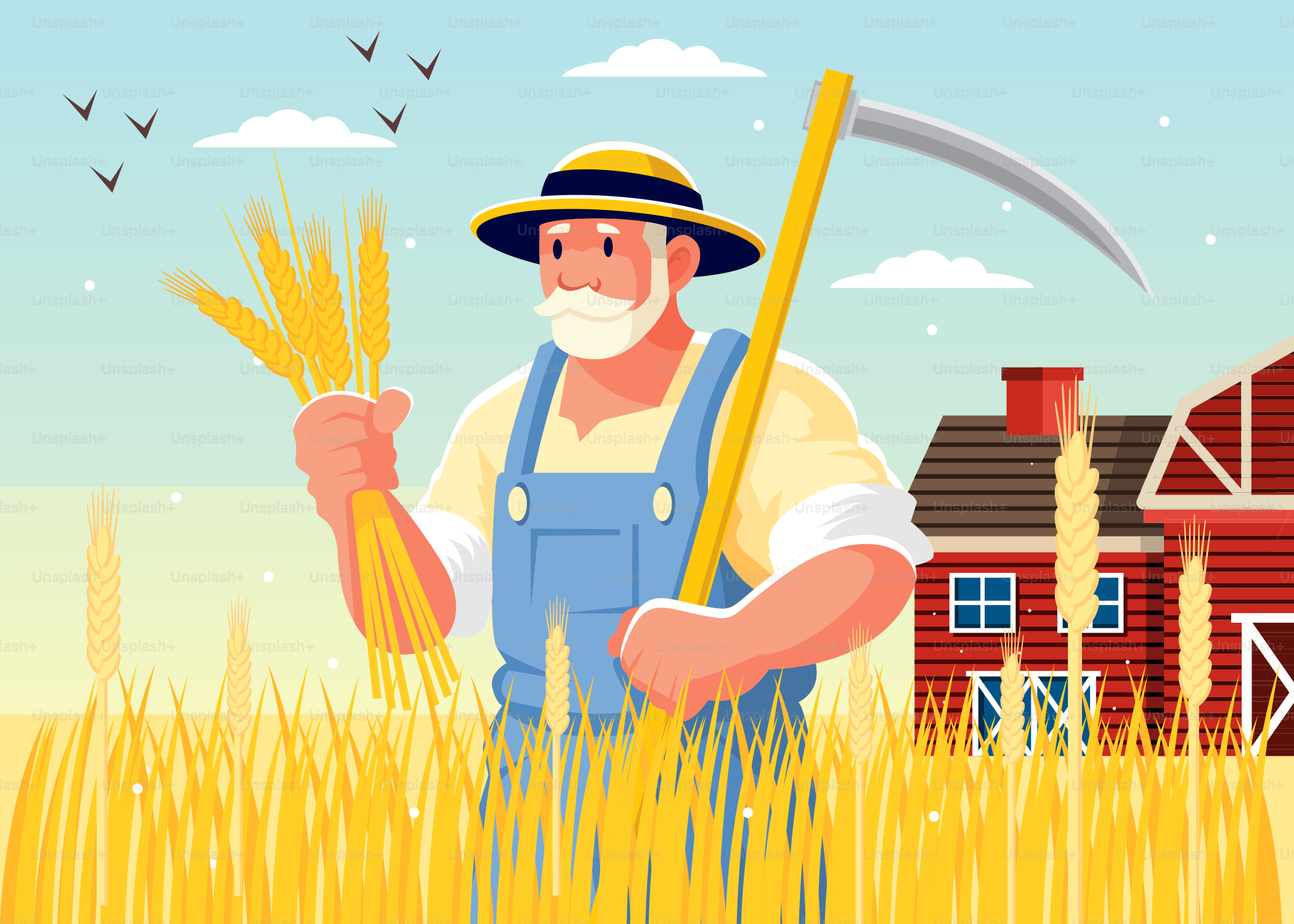 Ein Mann, der eine Mistgabel auf einem Weizenfeld hält