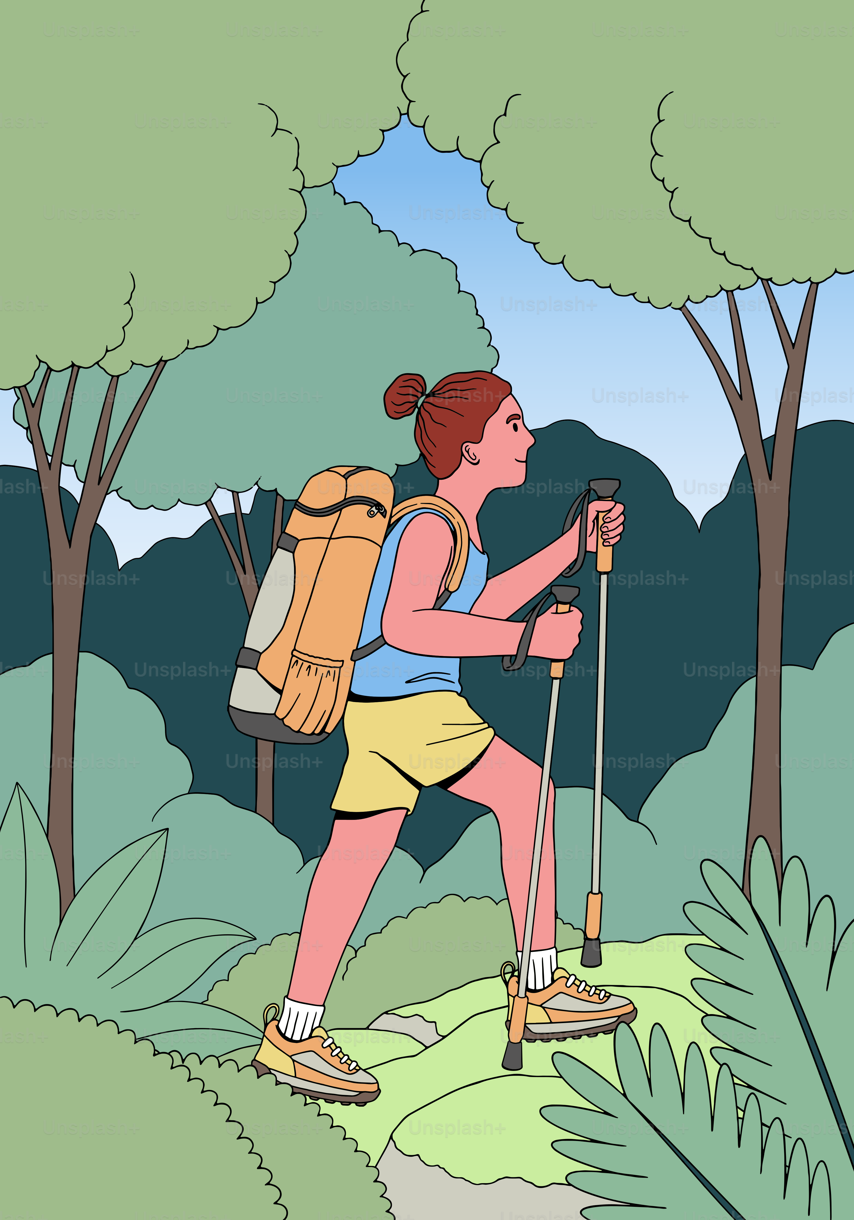 Una mujer caminando por el bosque con una mochila