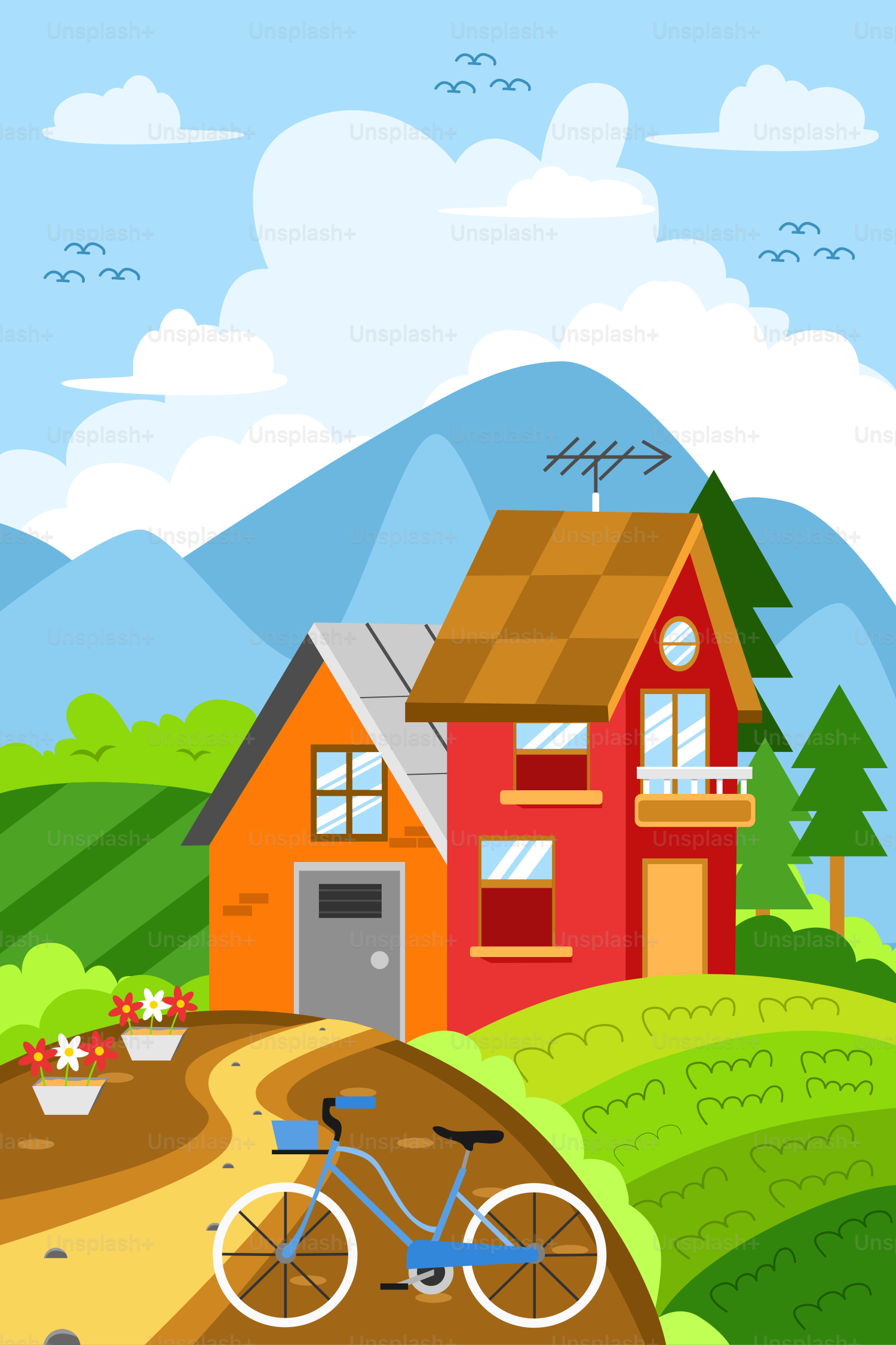 Una bicicleta está estacionada frente a una casa