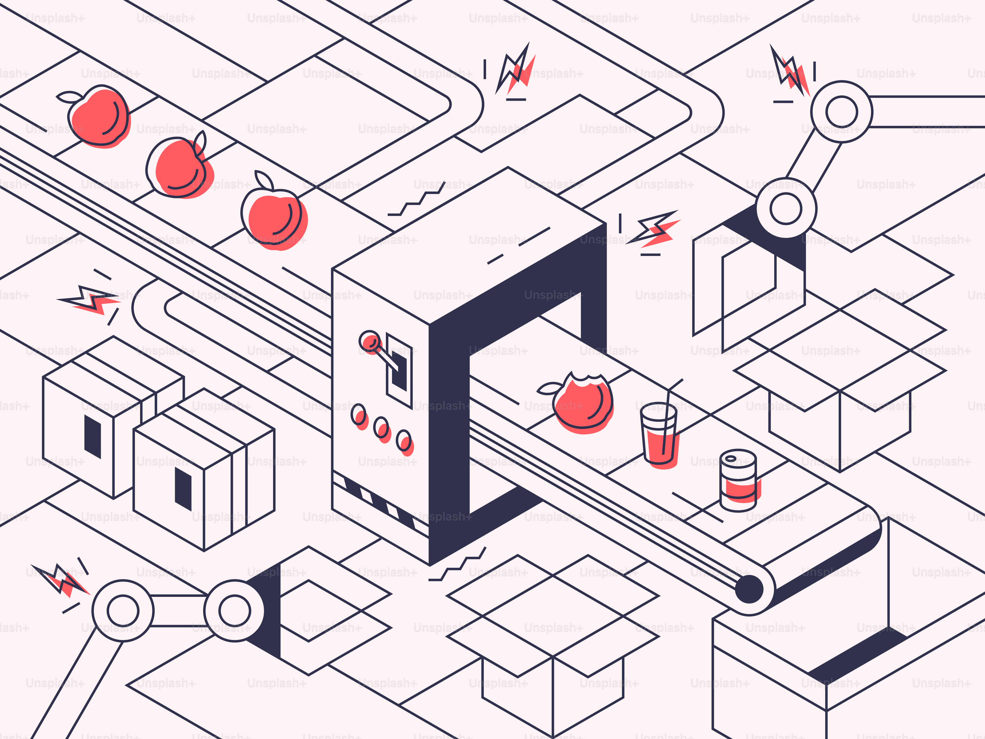 Um desenho de uma cozinha com botões vermelhos