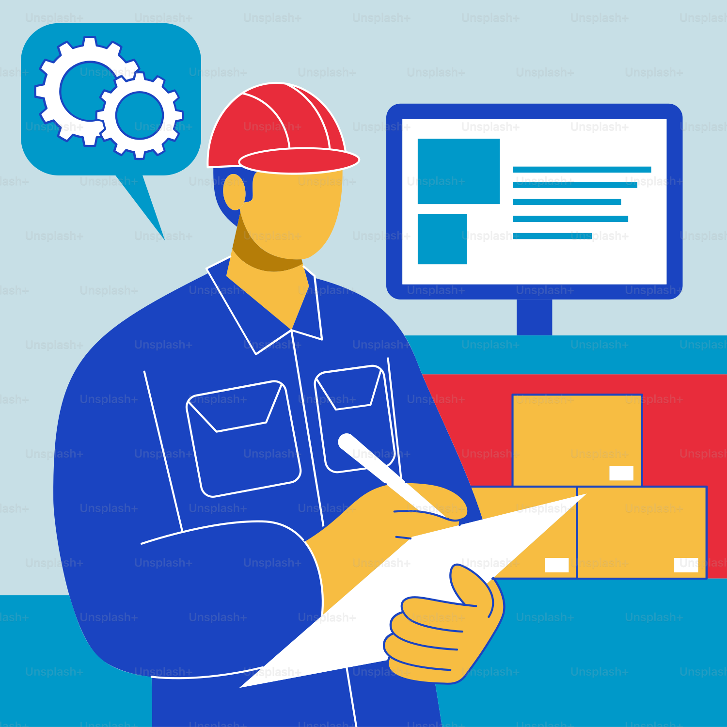 A man standing in front of a computer holding a clipboard