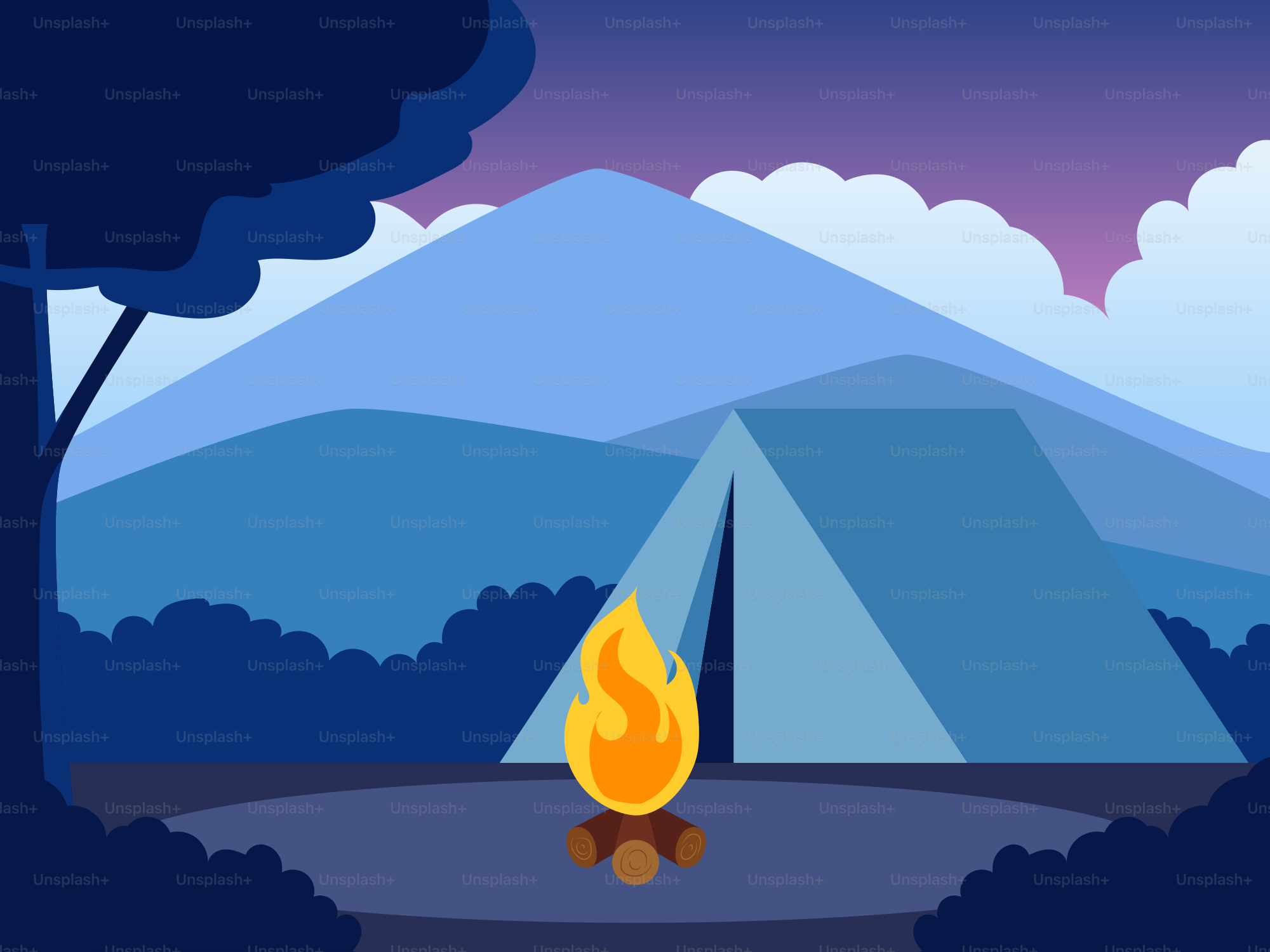 A camp site with a campfire and mountains in the background