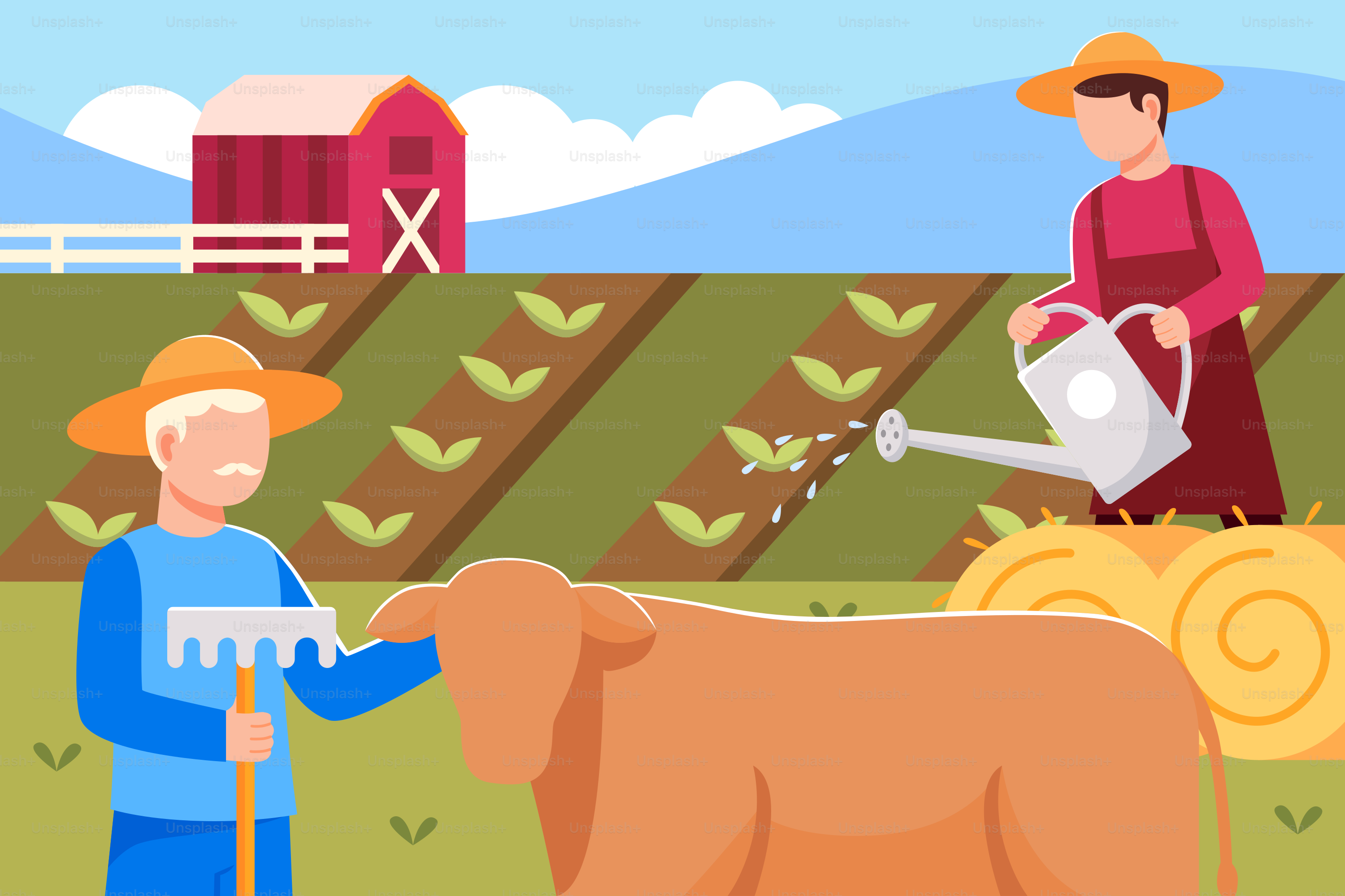 Ein Mann und eine Frau tränken eine Kuh