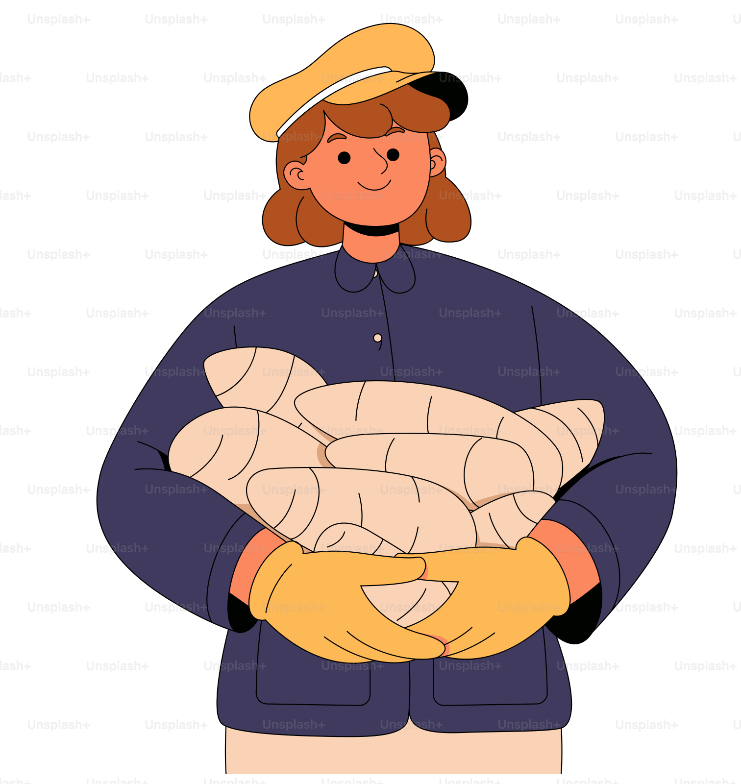 A man with a hat and gloves holding a bag of bread
