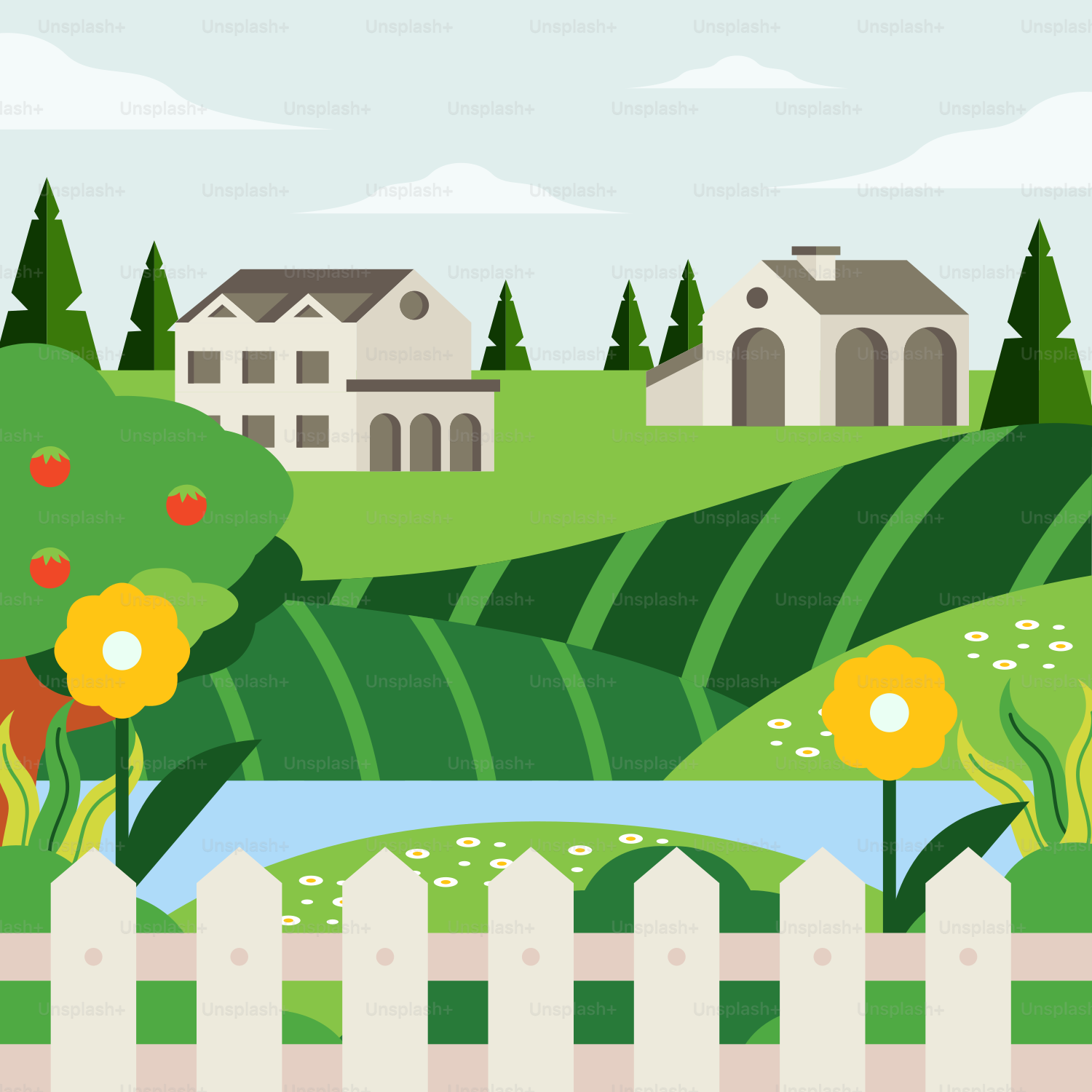 A landscape with a white picket fence and trees