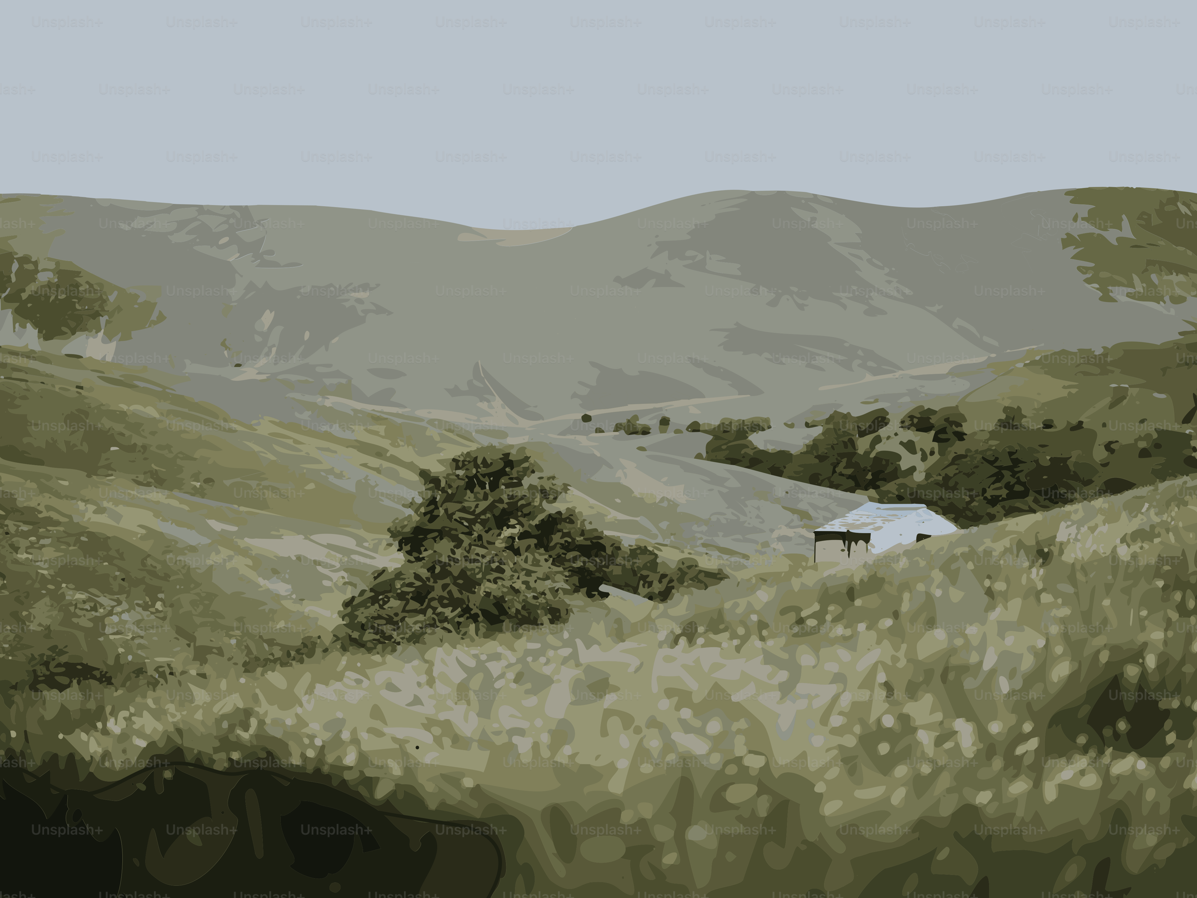 A painting of a field with a house in the distance