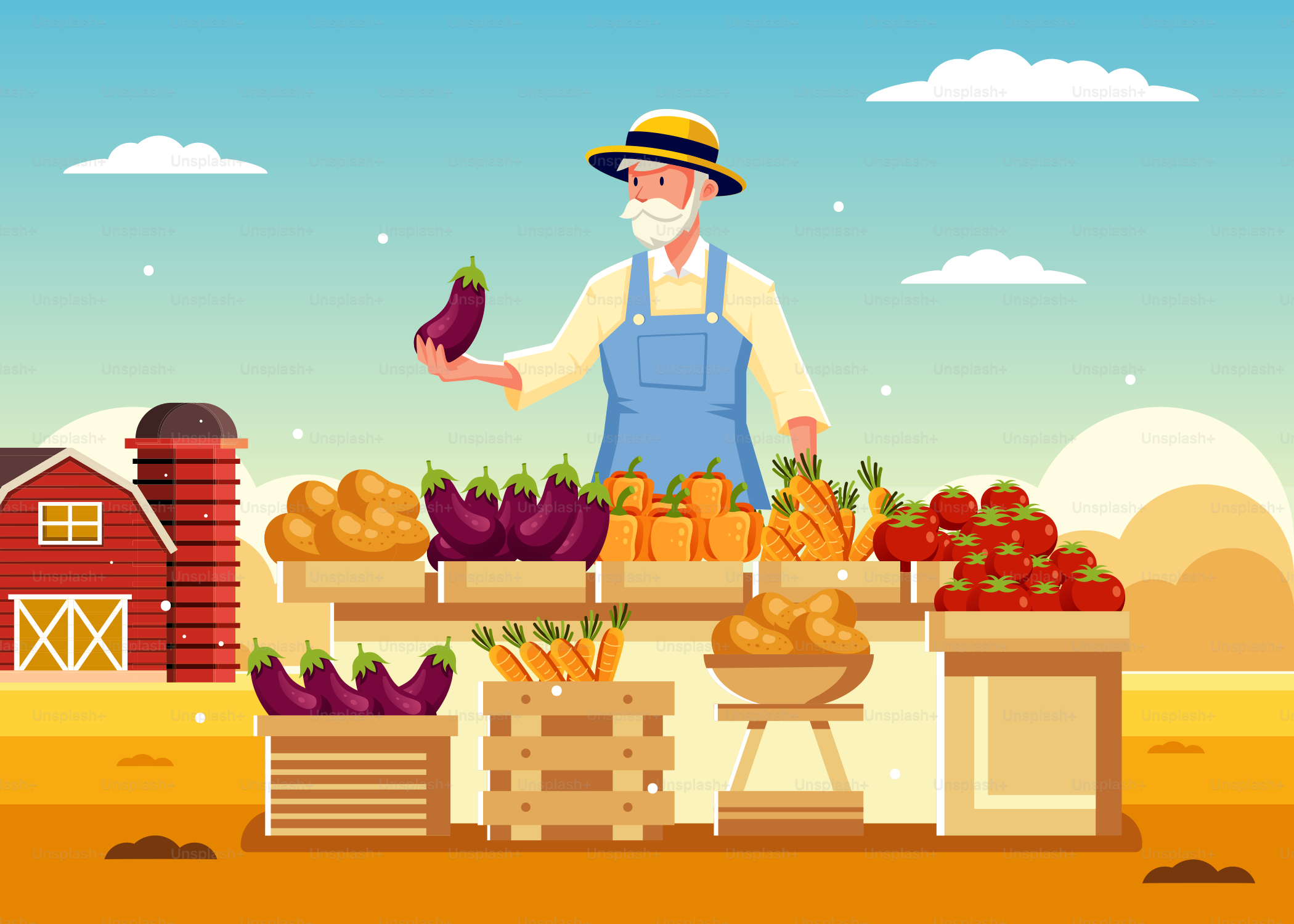 Un hombre de pie frente a una mesa llena de verduras