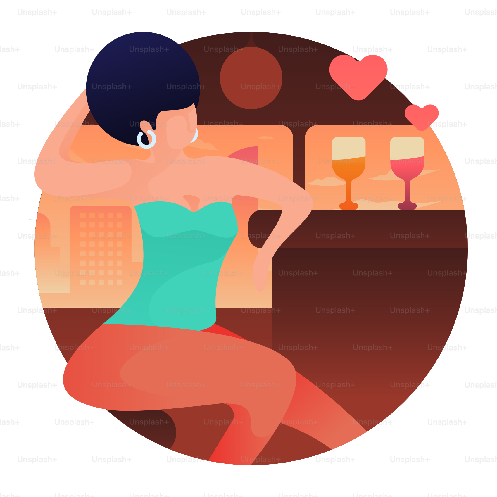 Eine Frau, die mit einem Glas Wein an einer Bar sitzt