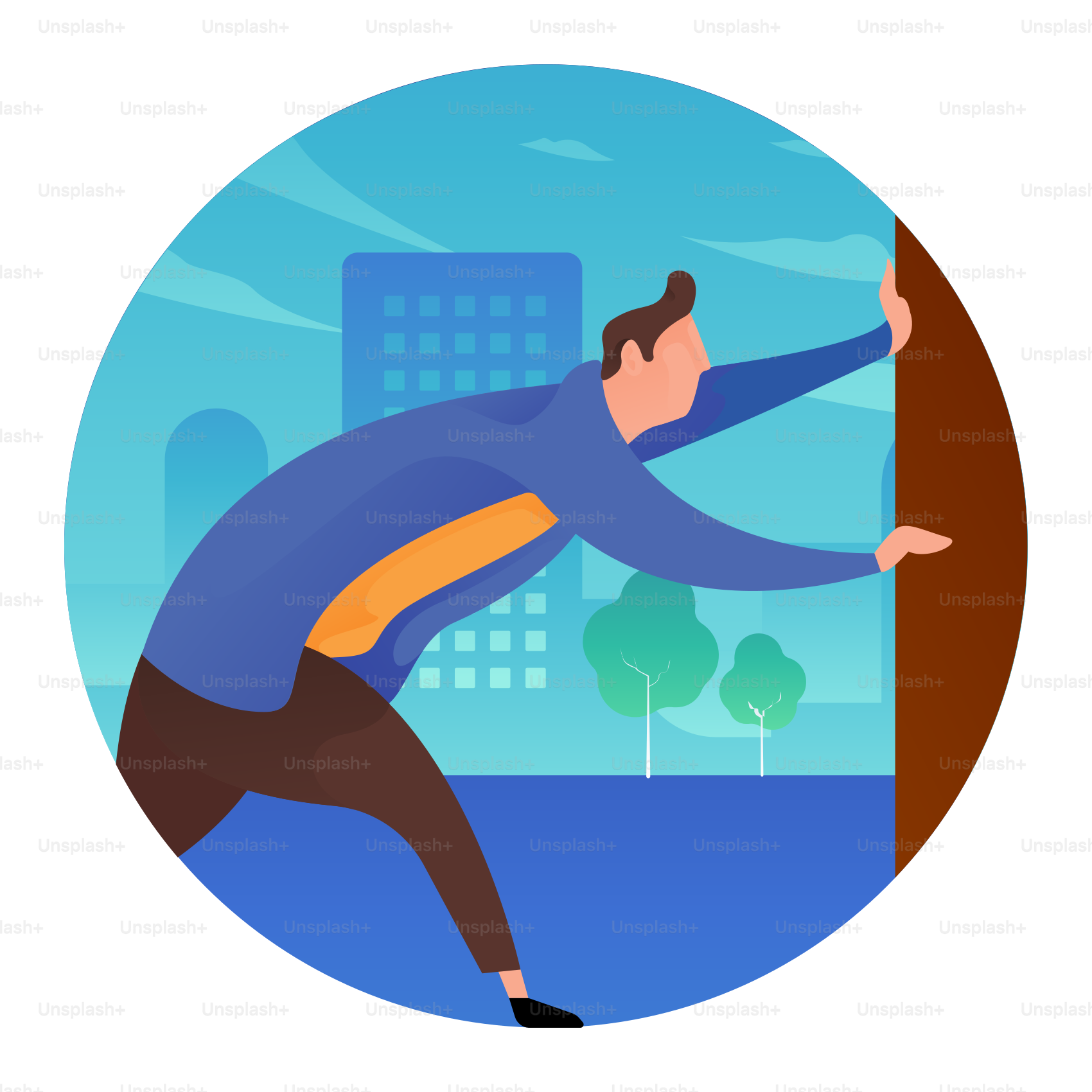 壁にもたれかかる男、背景に街がある