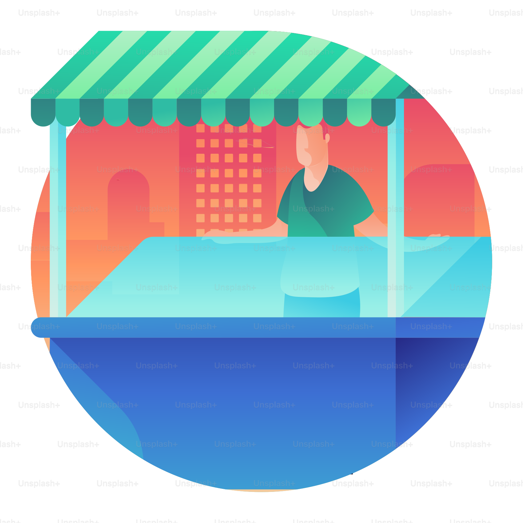 A man sitting at a table under a green awning