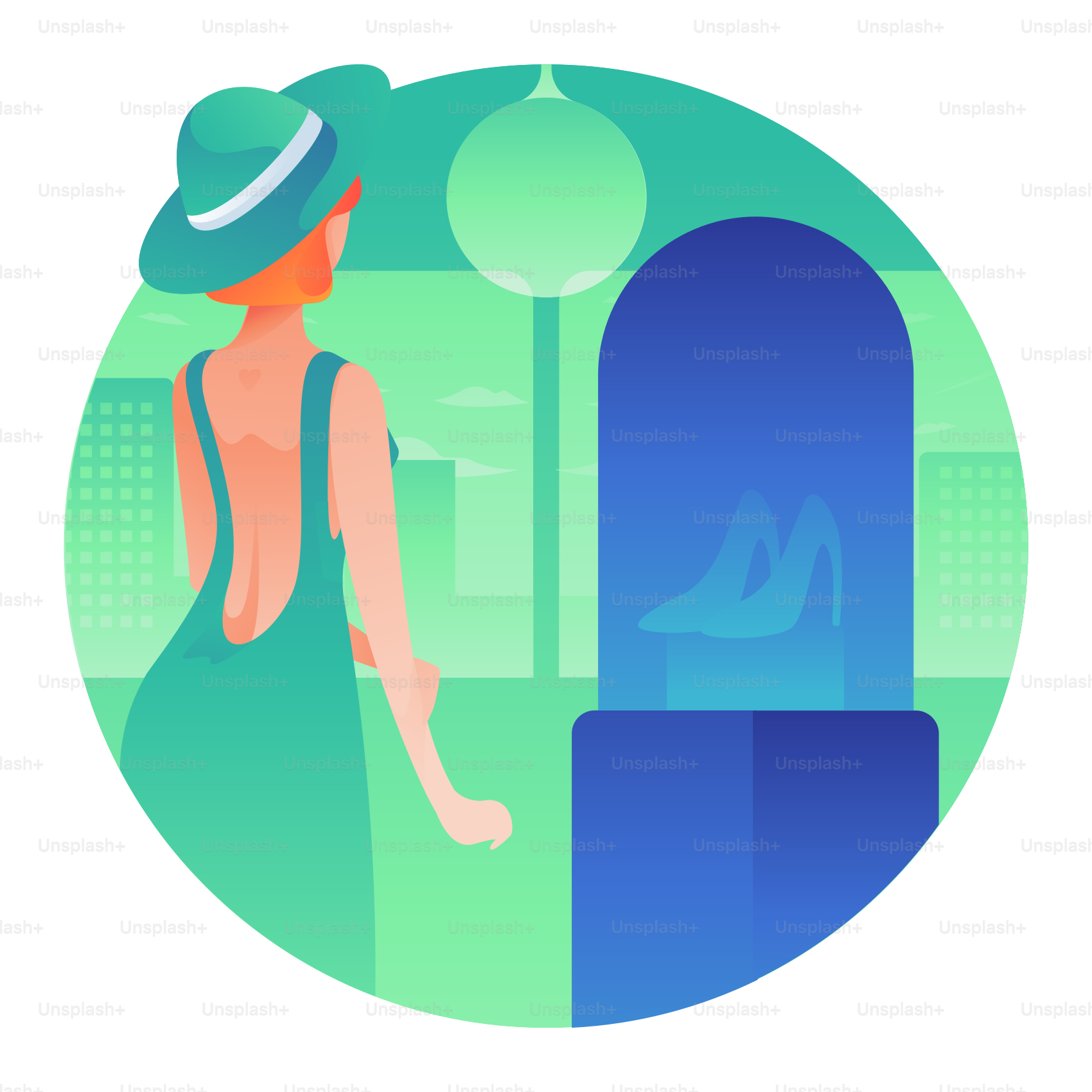 A woman in a hat standing in front of a blue door