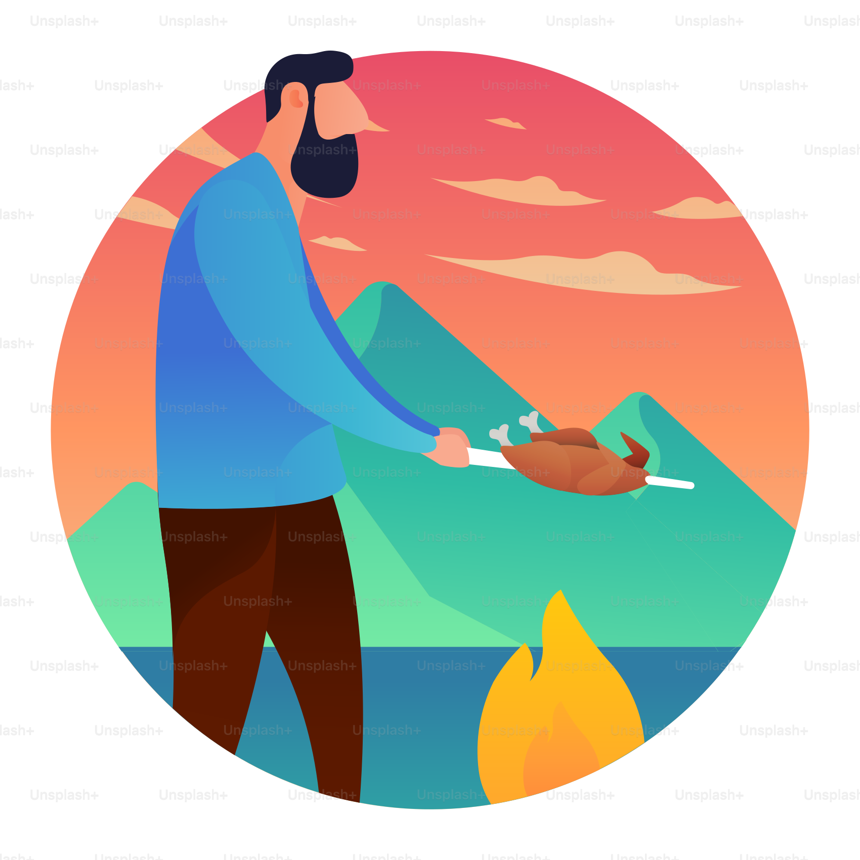 A man holding a turkey over a campfire